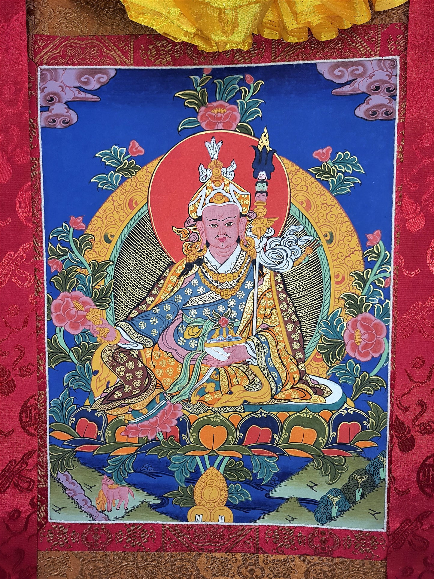 Original Hand Painted Guru Rinpoche Padmasambhava Masterpiece Gold Tibetan Thangka / Thanka  Painting With High-Quality Silk Brocade