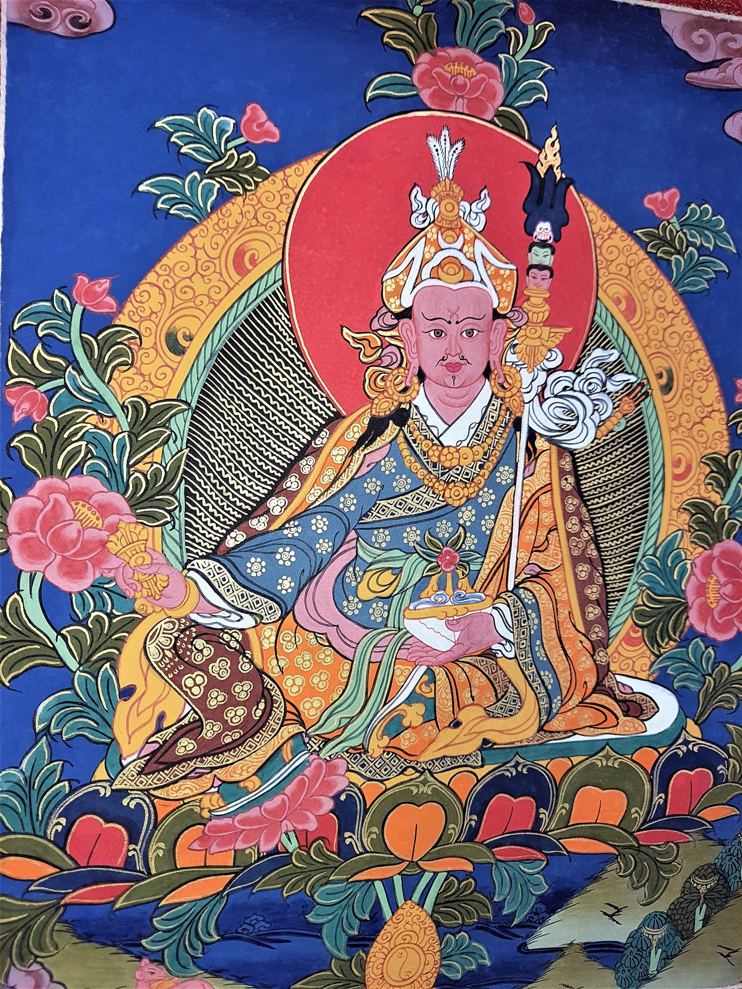 Original Hand Painted Guru Rinpoche Padmasambhava Masterpiece Gold Tibetan Thangka / Thanka  Painting With High-Quality Silk Brocade