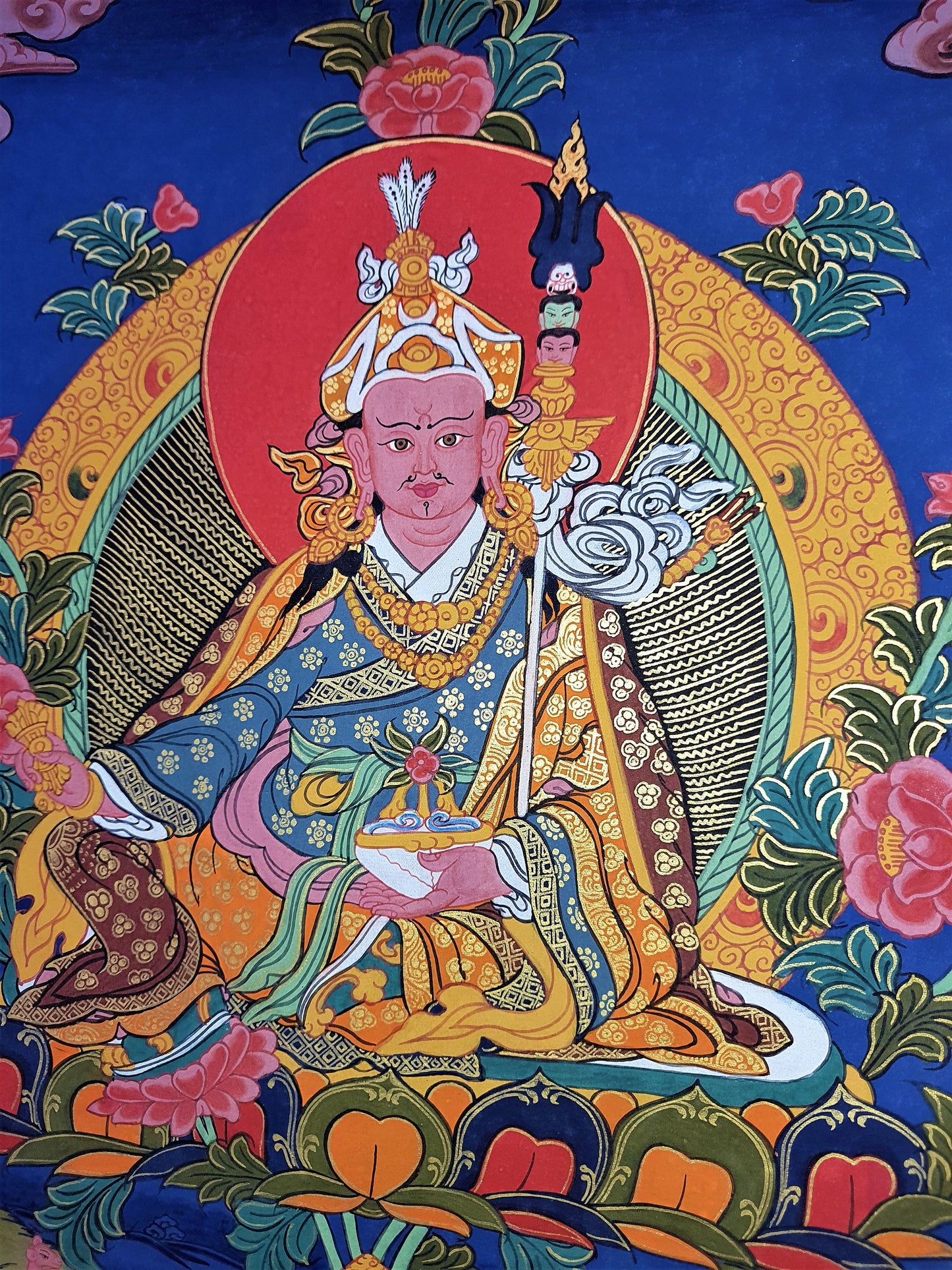 Original Hand Painted Guru Rinpoche Padmasambhava Masterpiece Gold Tibetan Thangka / Thanka  Painting With High-Quality Silk Brocade