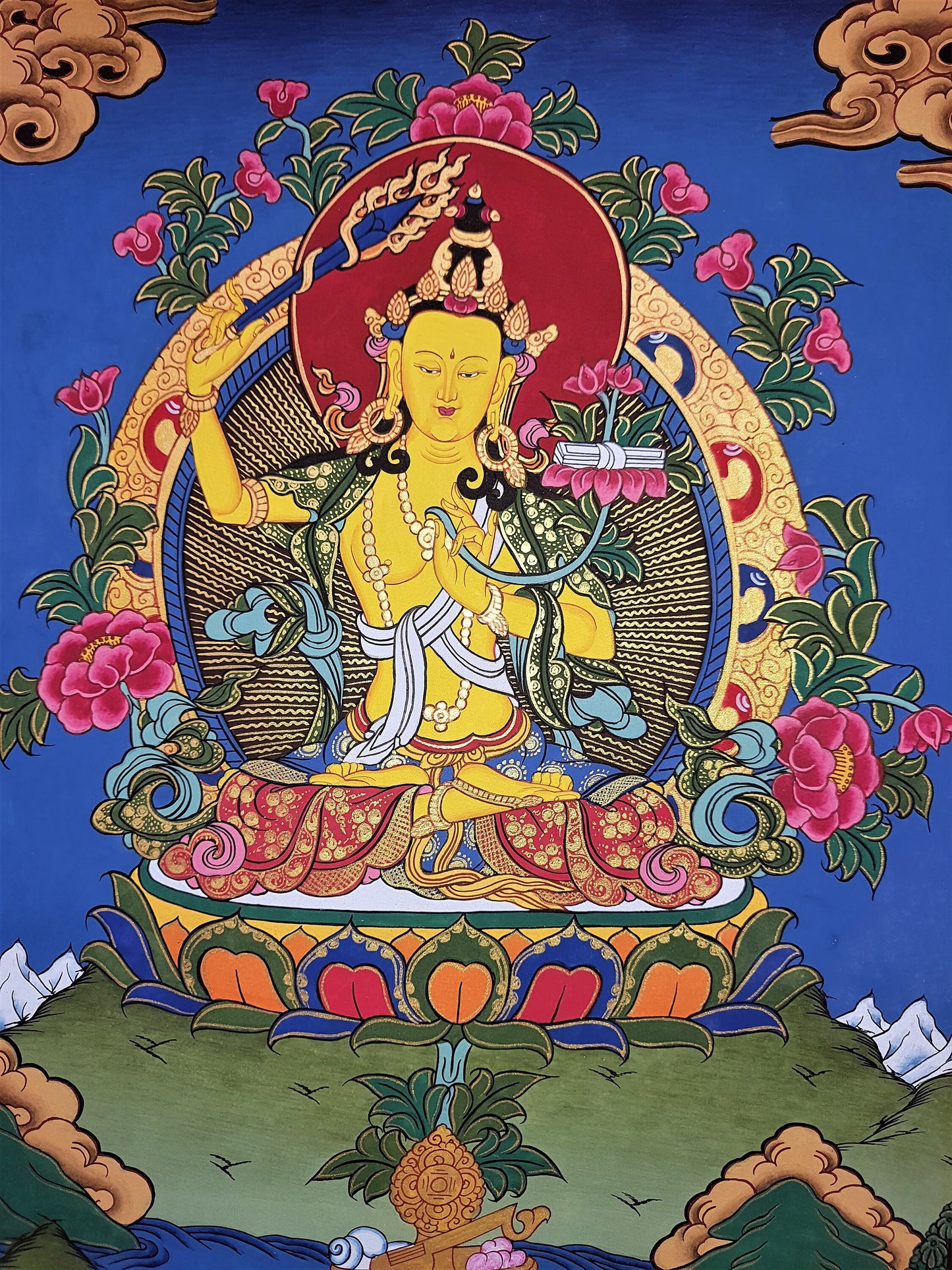 Original Hand-painted Master Quality Manjushri/ Manjushree God of Divine Wisdom Tibetan Thangka Painting with High-Quality Silk Brocade