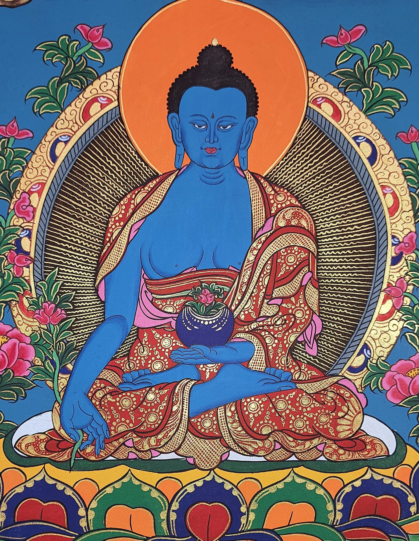 Hand-Painted Original Medicine Buddha / Bhaisajyaguru High-Quality Tibetan Thangka / Thanka Painting With Premium Silk Border