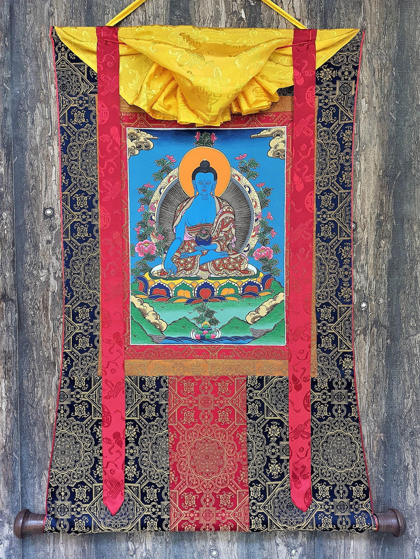 Hand-Painted Original Medicine Buddha / Bhaisajyaguru High-Quality Tibetan Thangka / Thanka Painting With Premium Silk Border