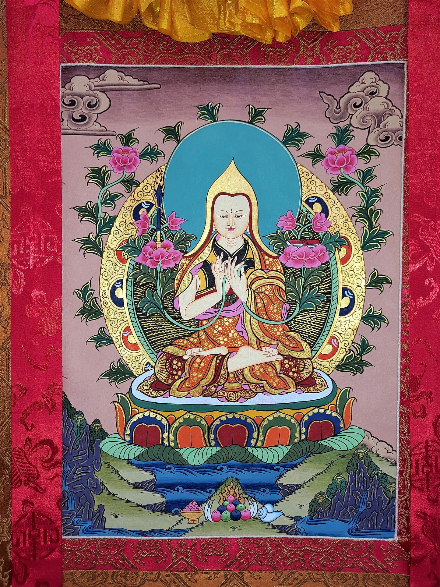 Original Hand-Painted Tsongkhapa/ Chongapa Masterpiece Tibetan Compassion / Meditation Thangka  Thanka Painting With High-Quality Silk Frame