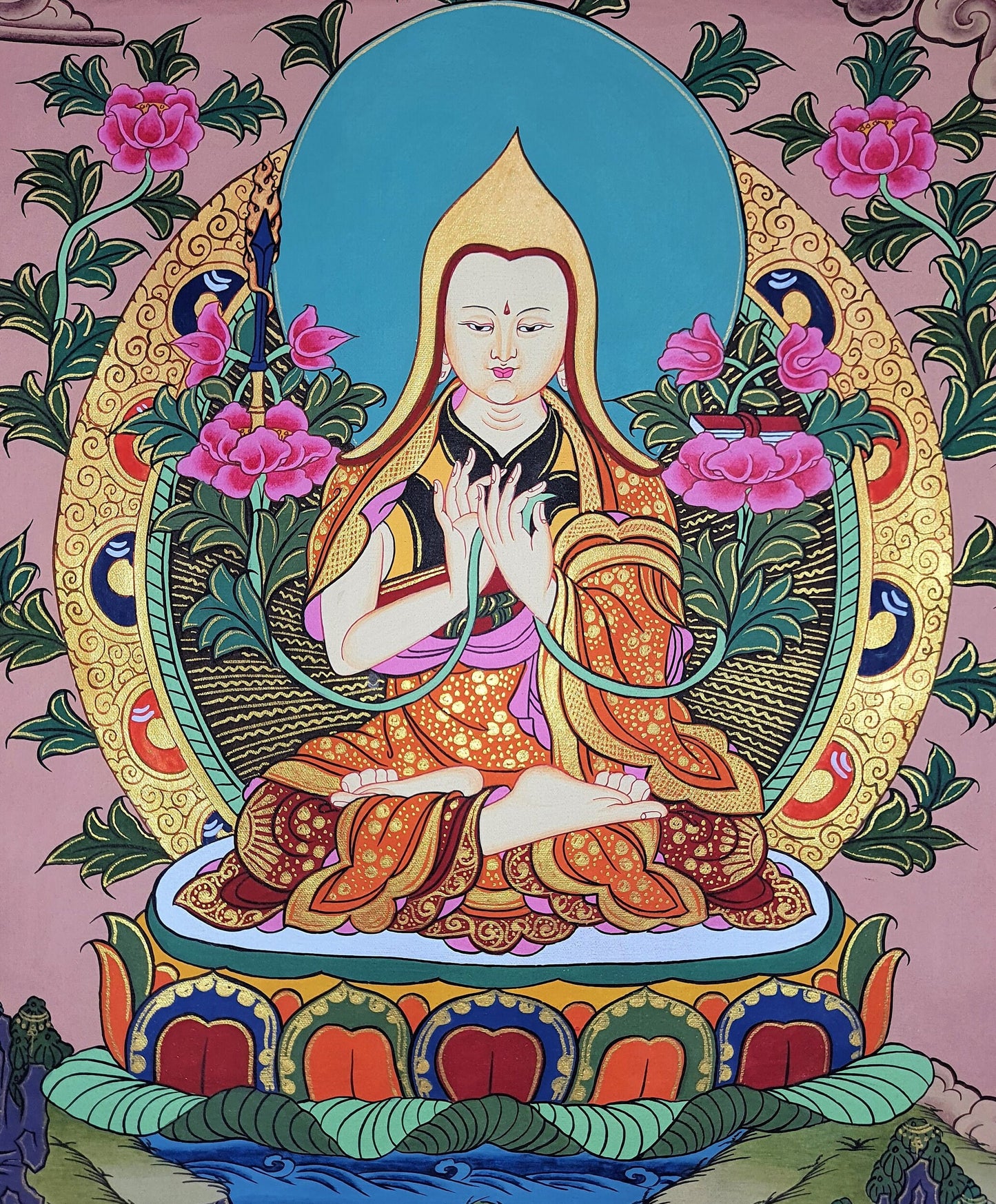 Original Hand-Painted Tsongkhapa/ Chongapa Masterpiece Tibetan Compassion / Meditation Thangka  Thanka Painting With High-Quality Silk Frame