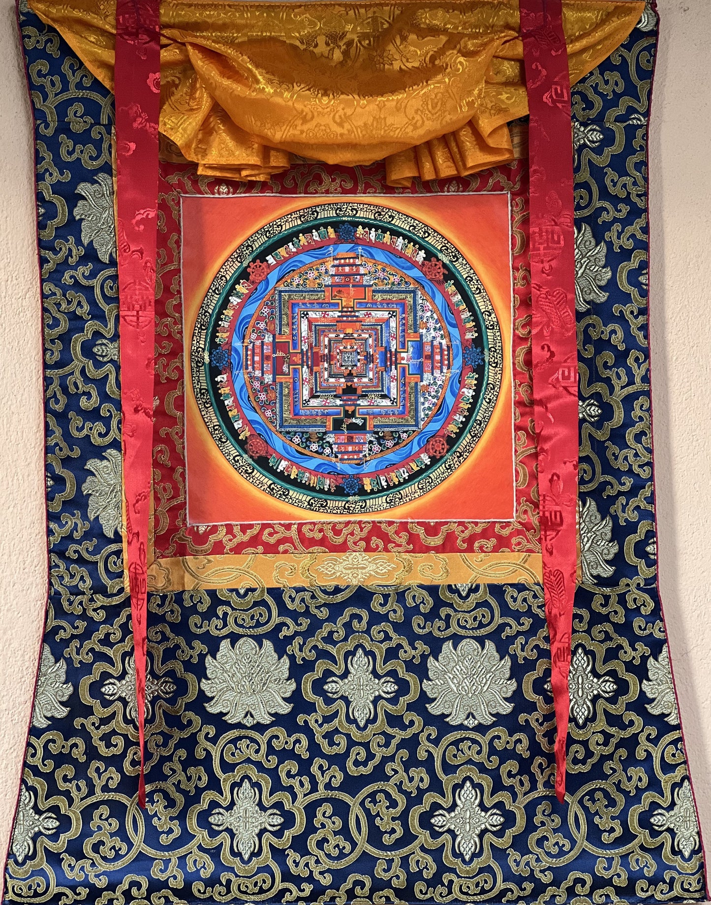 Hand-painted Kalachakra Mandala, Wheel of Life, Tibetan Thangka Painting with Silk Brocade