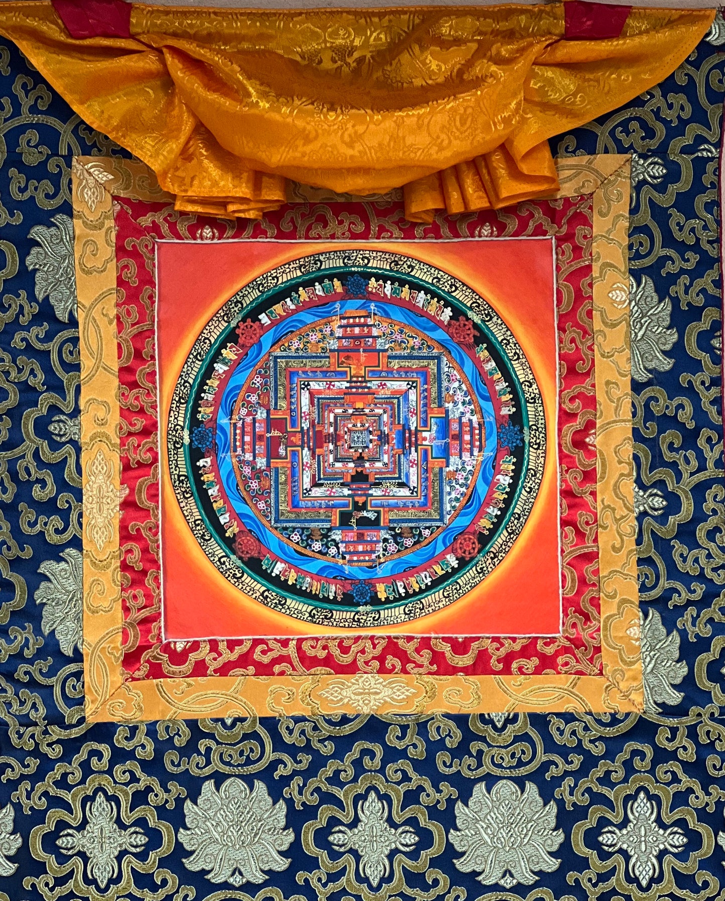 Hand-painted Kalachakra Mandala, Wheel of Life, Tibetan Thangka Painting with Silk Brocade