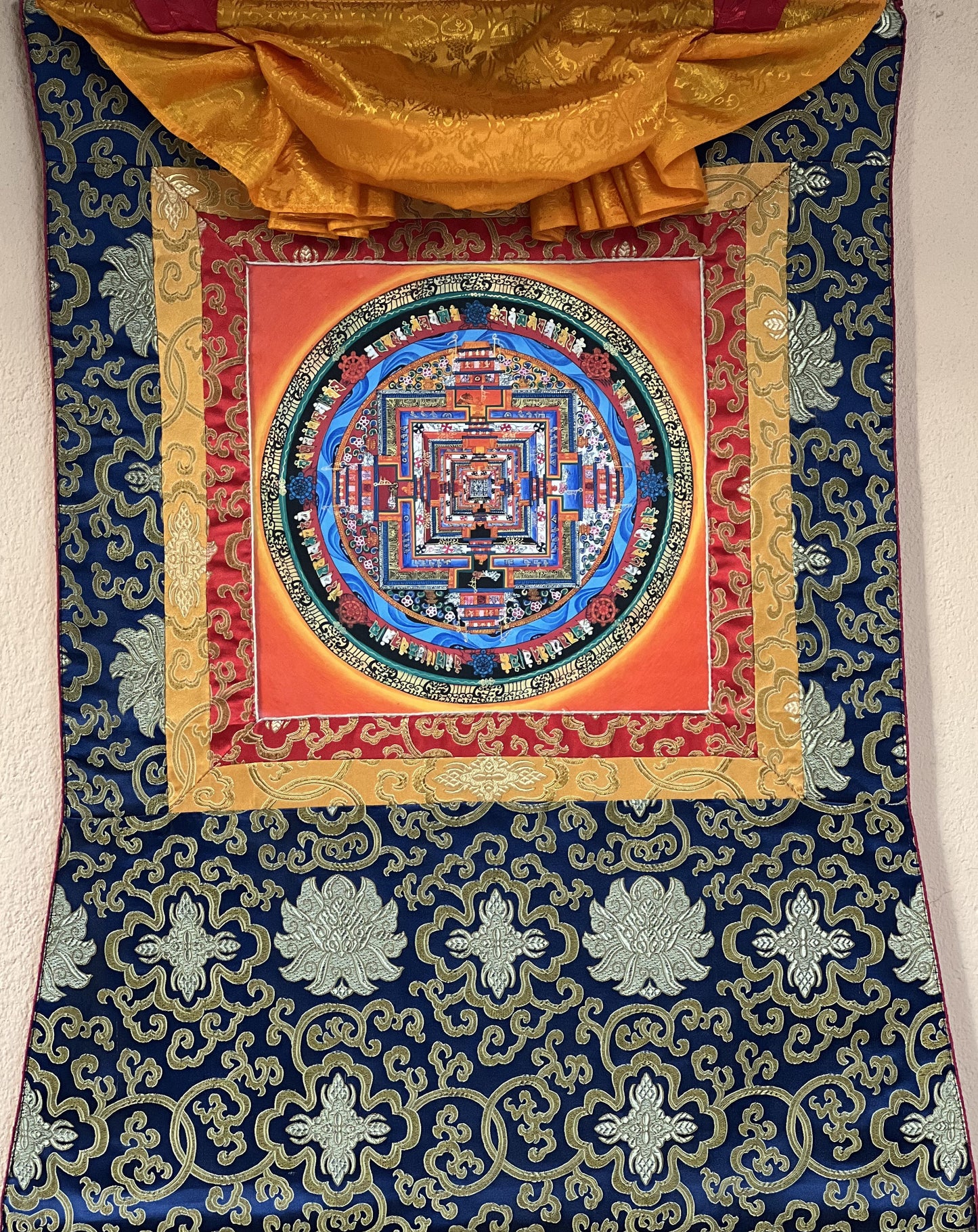 Hand-painted Kalachakra Mandala, Wheel of Life, Tibetan Thangka Painting with Silk Brocade