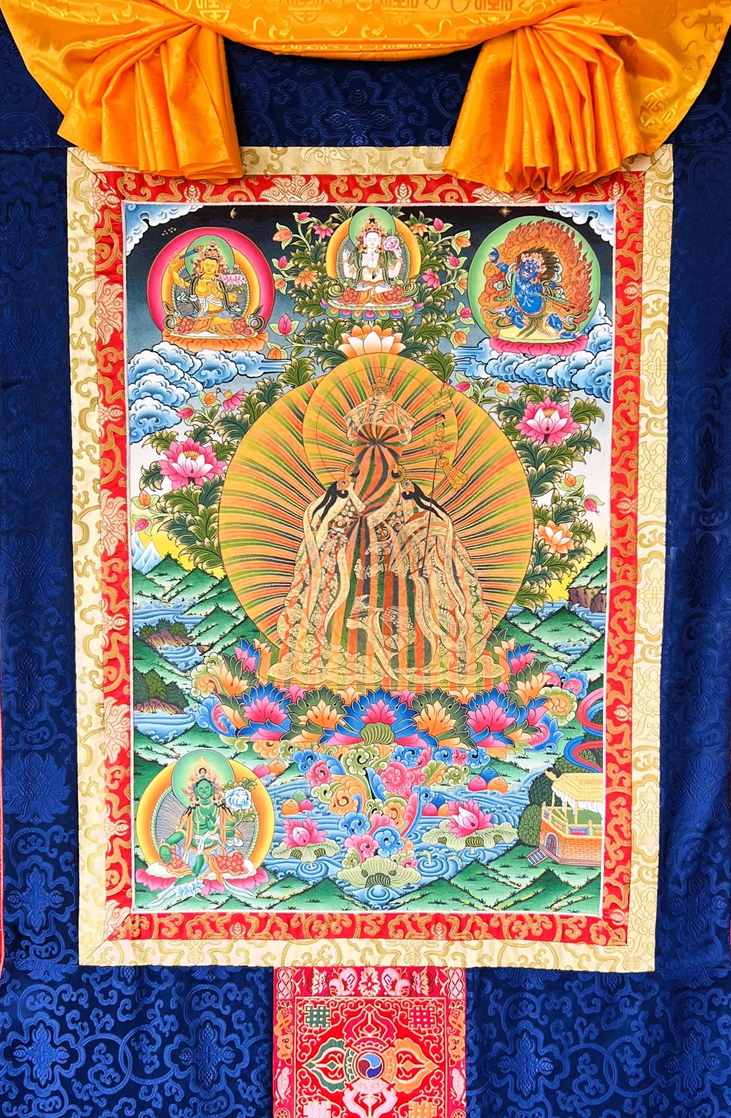 Original Hand-painted Guru Padmasambhava/ Rainbow Body  24 K Gold Large Masterpiece Tibetan Thangka Painting with Traditional Silk Brocade