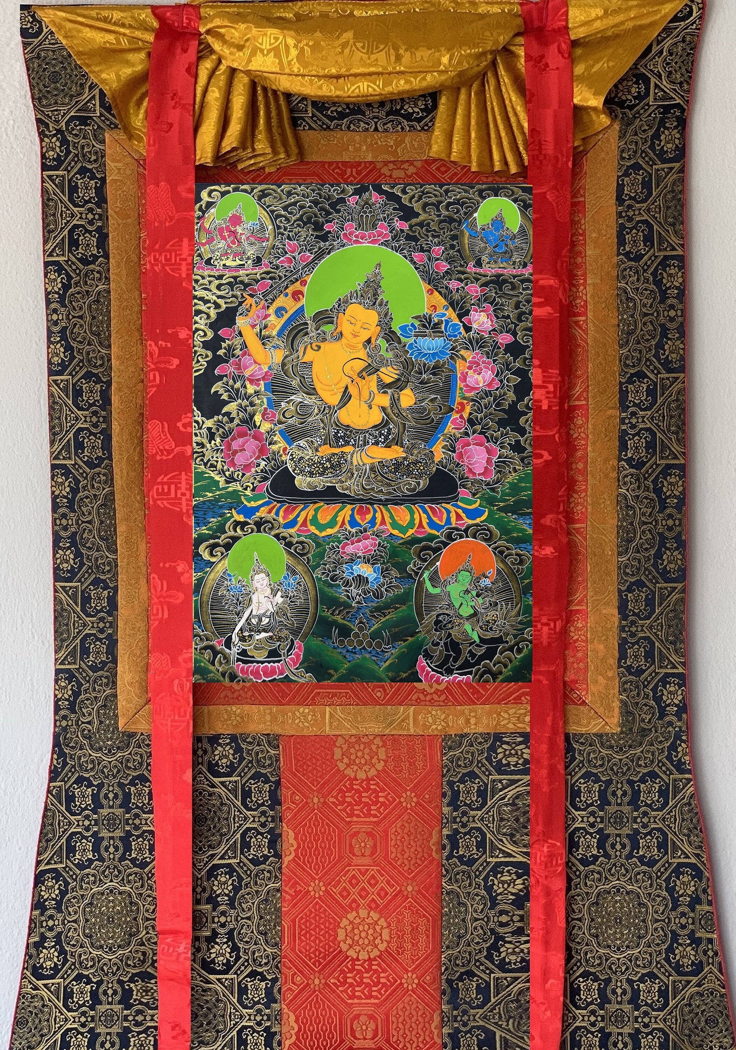 Original Hand-painted Manjushri/ Manjushree Bodhisattva Compassion Meditation Tibetan Thangka Painting with High Quality Silk Brocade