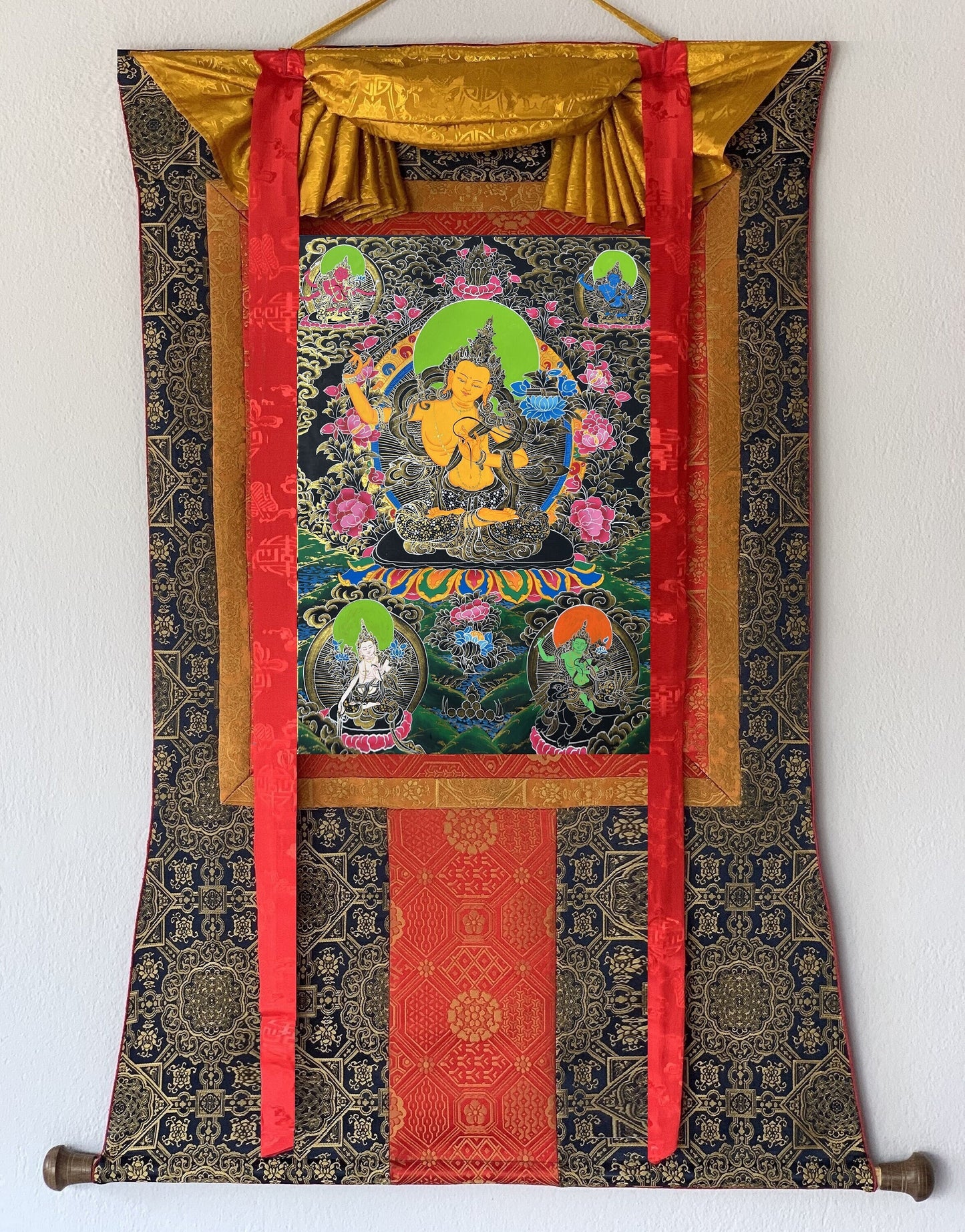 Original Hand-painted Manjushri/ Manjushree Bodhisattva Compassion Meditation Tibetan Thangka Painting with High Quality Silk Brocade