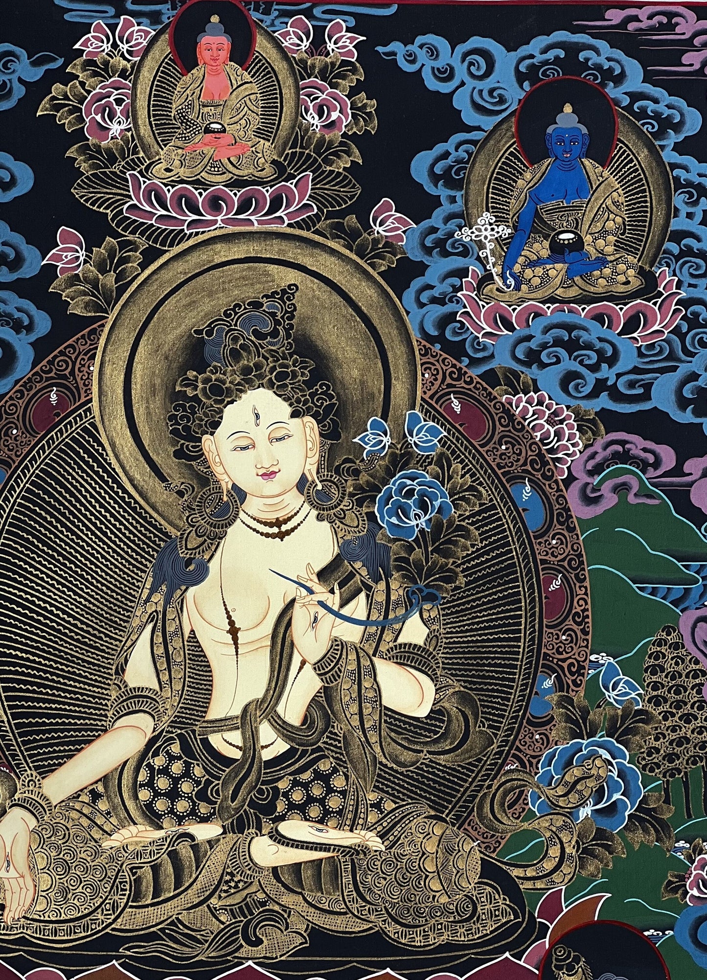 Hand-painted White Tara  Mother Goddess, Compassion, Meditation, Original Tibetan Thangka Painting, Bordered with High-Quality Silk