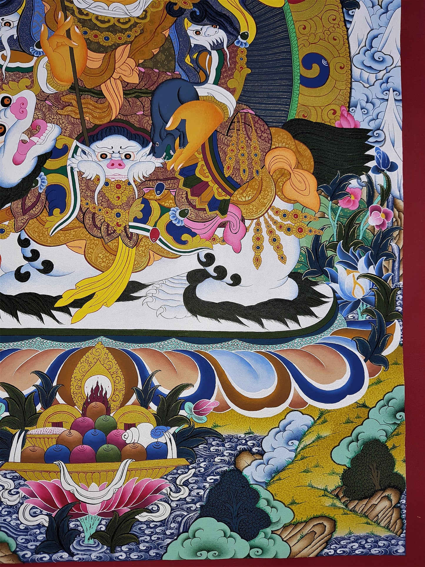 Original Hand Painted Yellow Jambhala/ Kubera/ Zambala God Of Wealth Compassion / Meditation Masterpiece Tibetan Thangka / Thanka  Painting