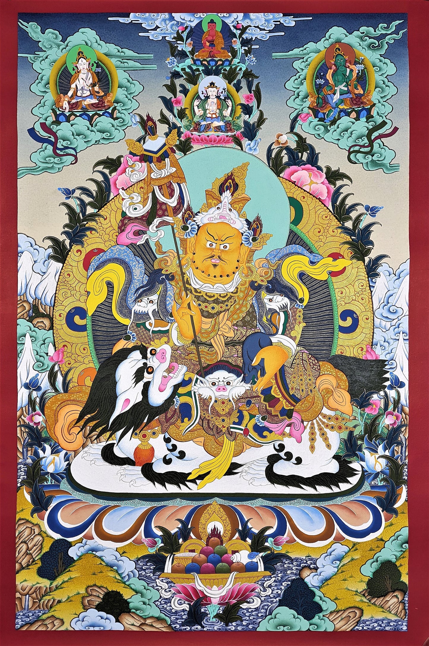 Original Hand Painted Yellow Jambhala/ Kubera/ Zambala God Of Wealth Compassion / Meditation Masterpiece Tibetan Thangka / Thanka  Painting