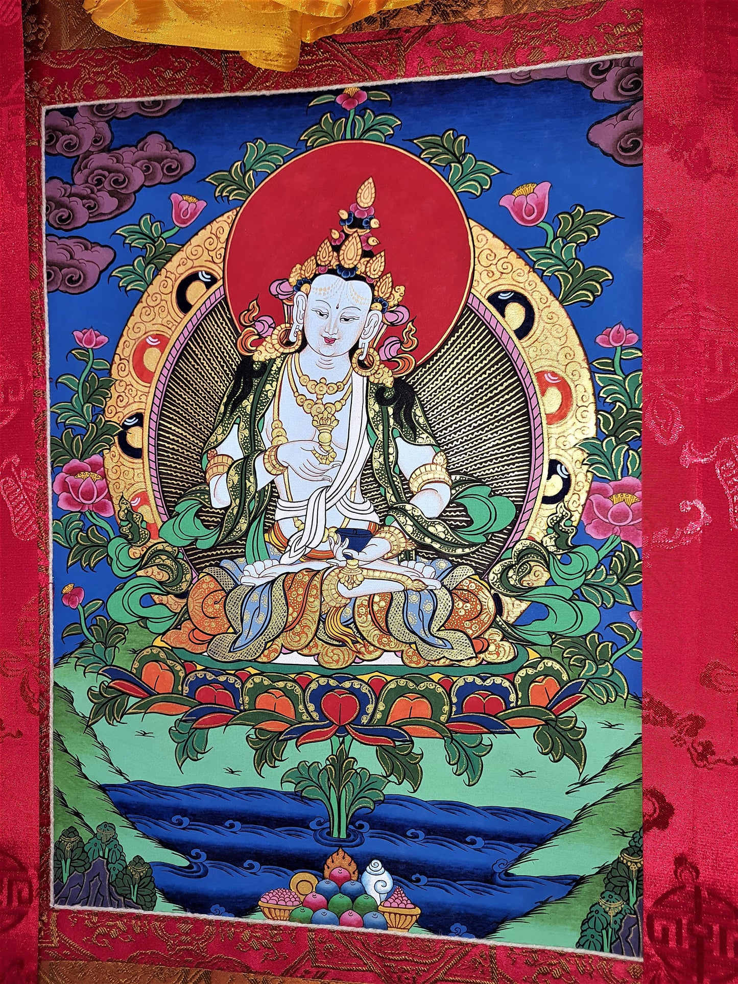 Original Hand-painted Vajrasattva/ Dorje Sempa/ Dhyani Buddha Master Quality Tibetan Thangka Painting with High-Quality Silk Brocade