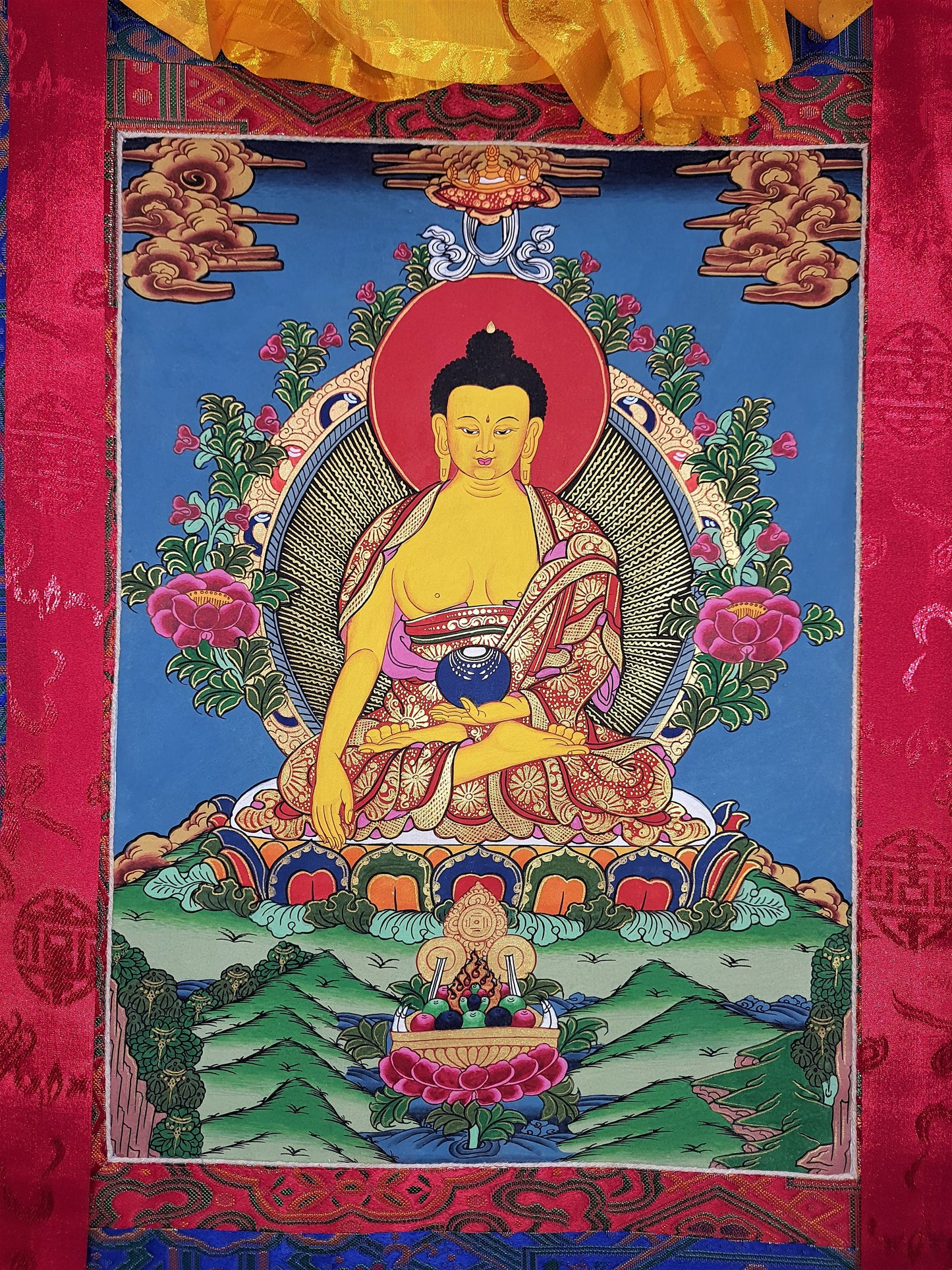 Hand Painted Original Shakyamuni Buddha / Gautama Lord Buddha Fine Quality Tibetan Thangka / Thanka With High-Quality Silk Framed Painting