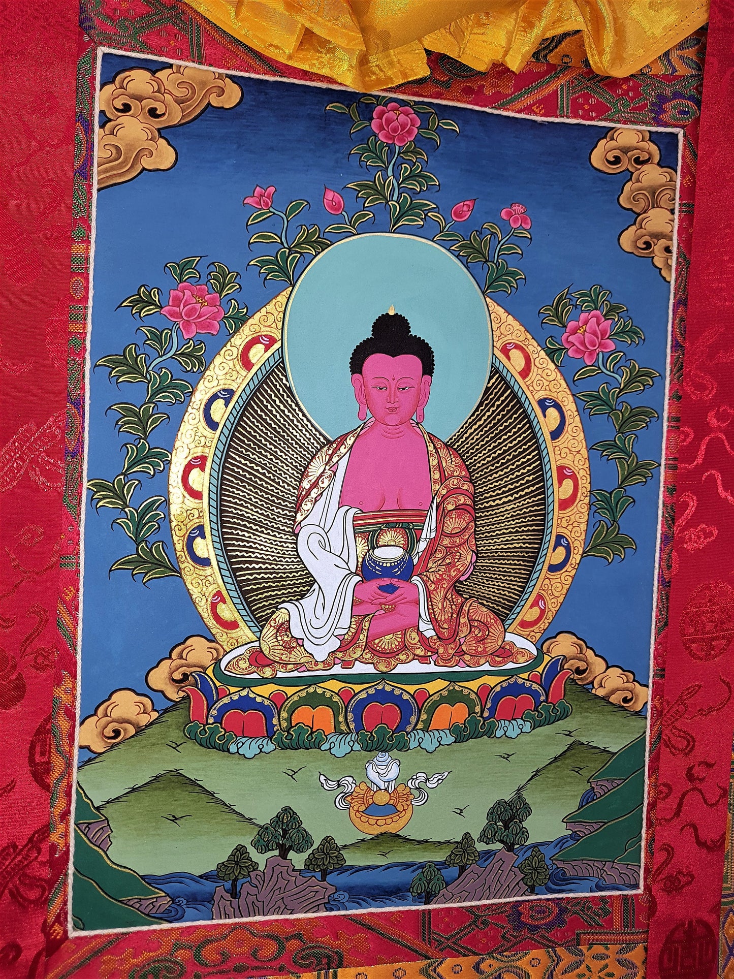 Original Hand Painted Amitabha Buddha Masterpiece Tibetan Compassion / Meditation Thangka / Thanka  Painting With High-Quality Silk Framed