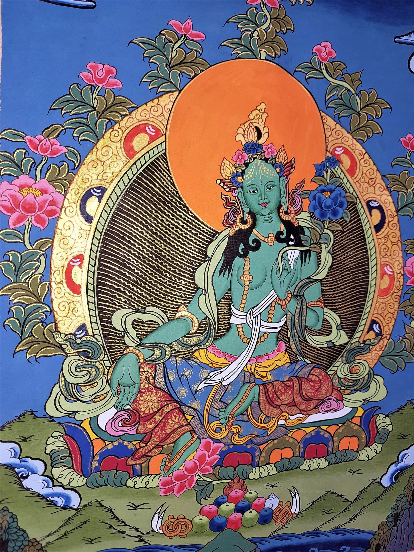 Original Hand-painted, Green Tara, Shyamatara Tibetan Thangka Painting with High-Quality Silk Brocade