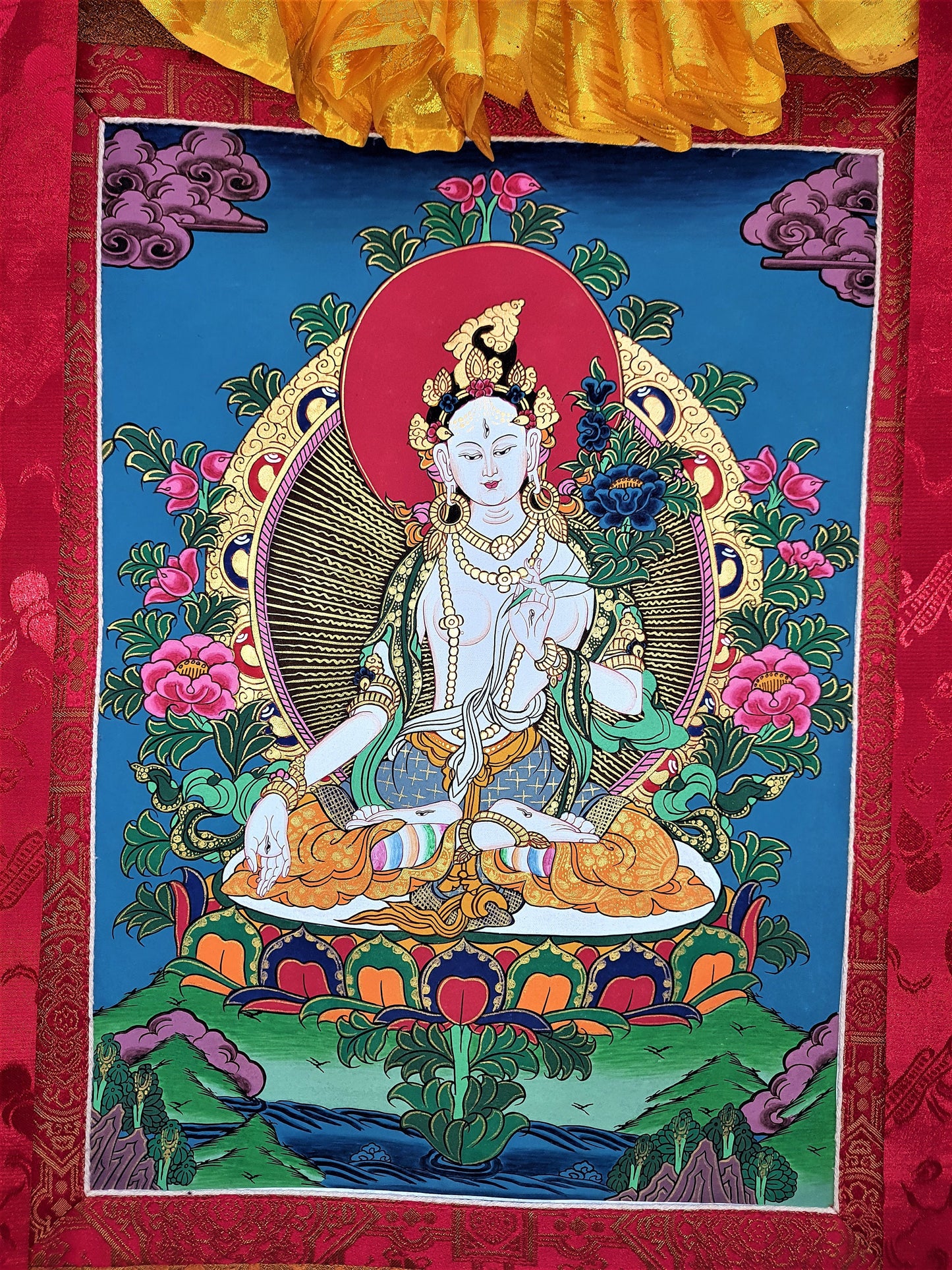 Original Hand Painted White Tara / Mother Tara Masterpiece Tibetan Compassion / Meditation Thangka /   Painting With High Quality Silk Frame