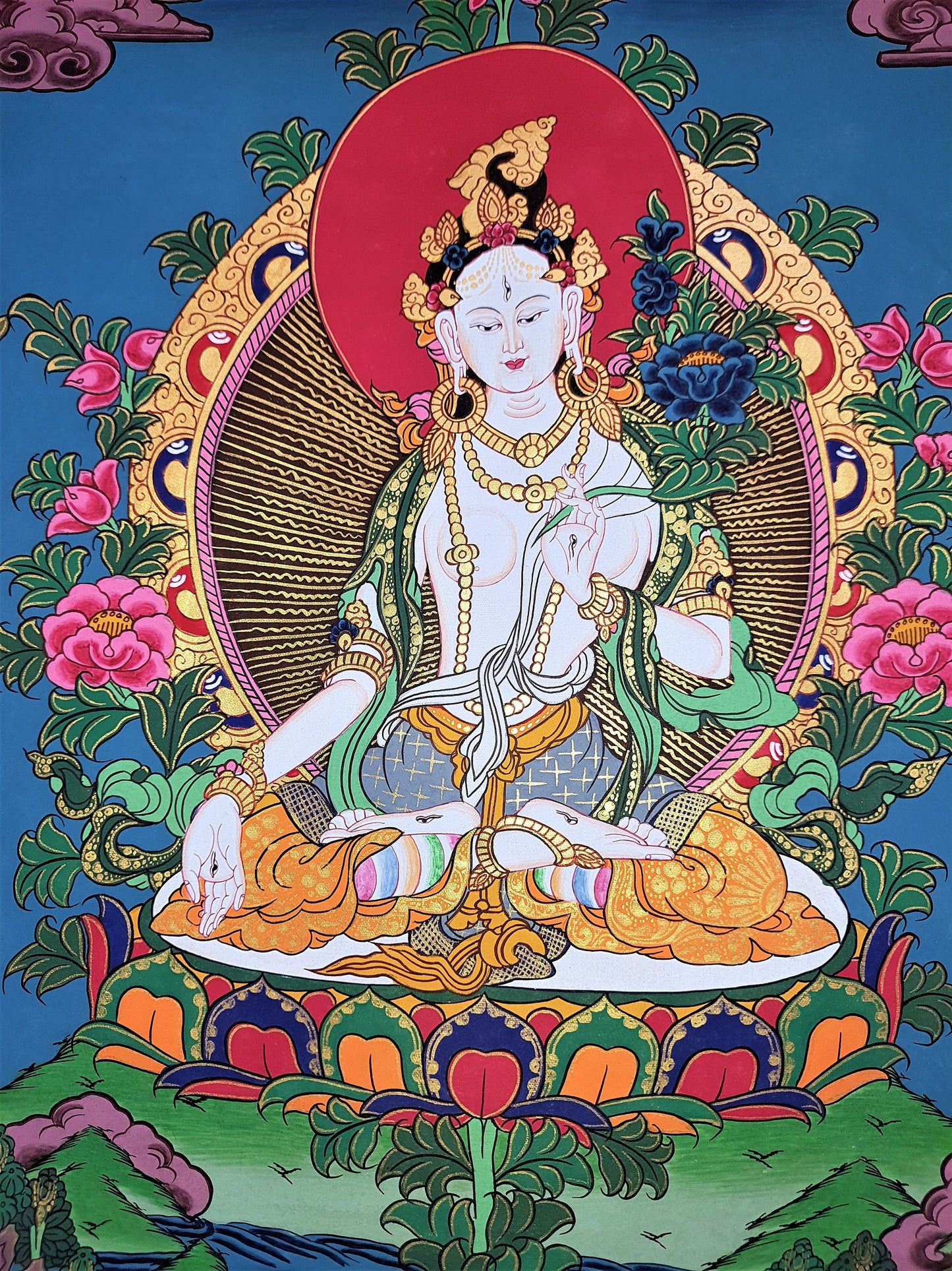 Original Hand Painted White Tara / Mother Tara Masterpiece Tibetan Compassion / Meditation Thangka /   Painting With High Quality Silk Frame