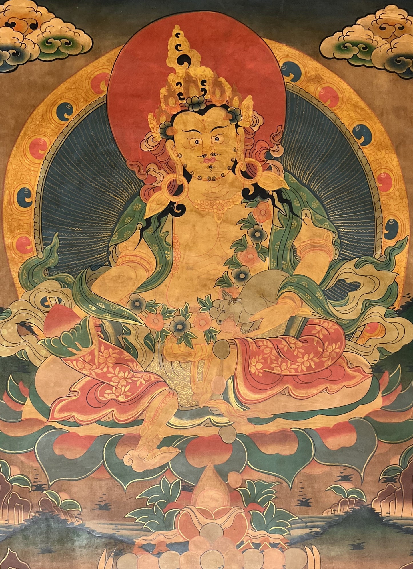 Original Hand Painted Kubera or Jambhala God Of Wealth  Old, Oil Varnished Tibetan Thangka / Thanka  Painting/Wall Hanging  From Nepal