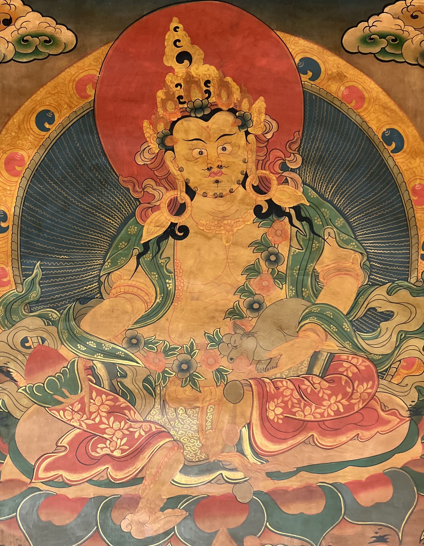 Original Hand Painted Kubera or Jambhala God Of Wealth  Old, Oil Varnished Tibetan Thangka / Thanka  Painting/Wall Hanging  From Nepal