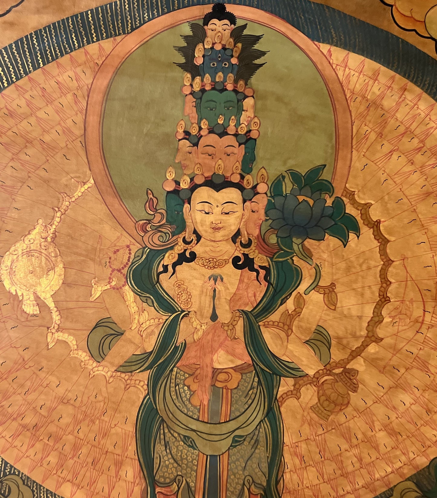 Original Hand Painted  1000 Armed Avalokiteshvara / Lokeshwor/  Tibetan Compassion / Meditation OLD OIL-VARNISHED Thangka / Thanka  Painting