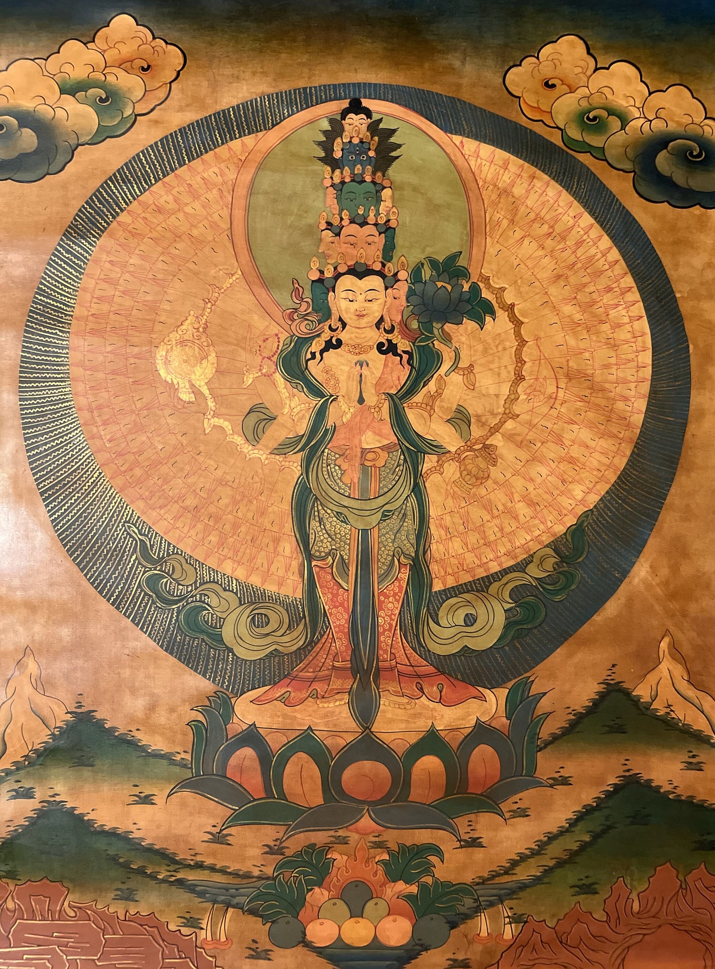 Original Hand Painted  1000 Armed Avalokiteshvara / Lokeshwor/  Tibetan Compassion / Meditation OLD OIL-VARNISHED Thangka / Thanka  Painting