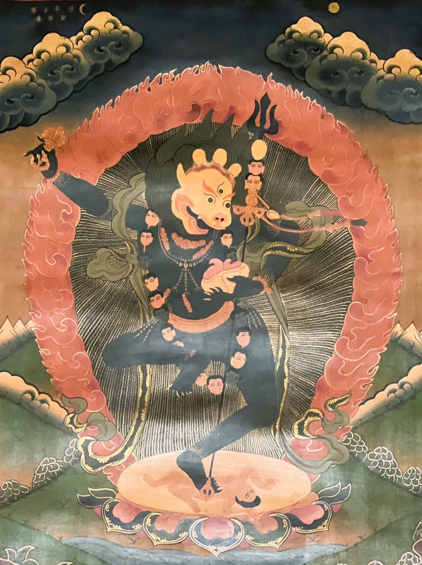 Original Hand Painted Lion Face Dakini /Simhamukhi Jogini /Tibetan Compassion Meditation OLD OIL VARNISHED Thangka Painting with Silk Border