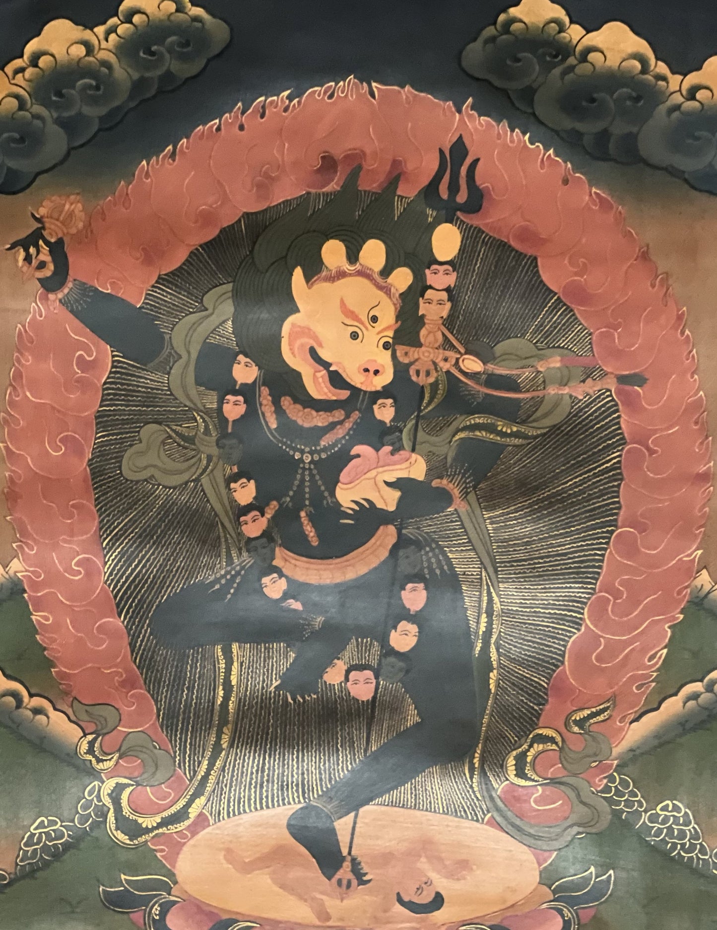 Original Hand Painted Lion Face Dakini /Simhamukhi Jogini /Tibetan Compassion Meditation OLD OIL VARNISHED Thangka Painting with Silk Border