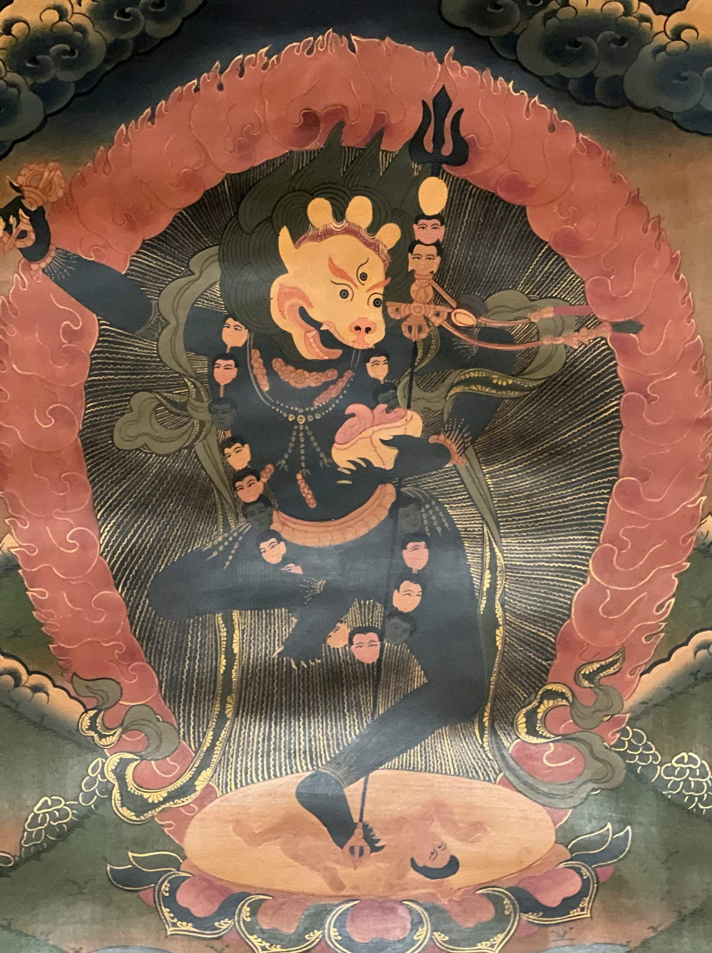 Original Hand Painted Lion Face Dakini /Simhamukhi Jogini /Tibetan Compassion Meditation OLD OIL VARNISHED Thangka Painting with Silk Border