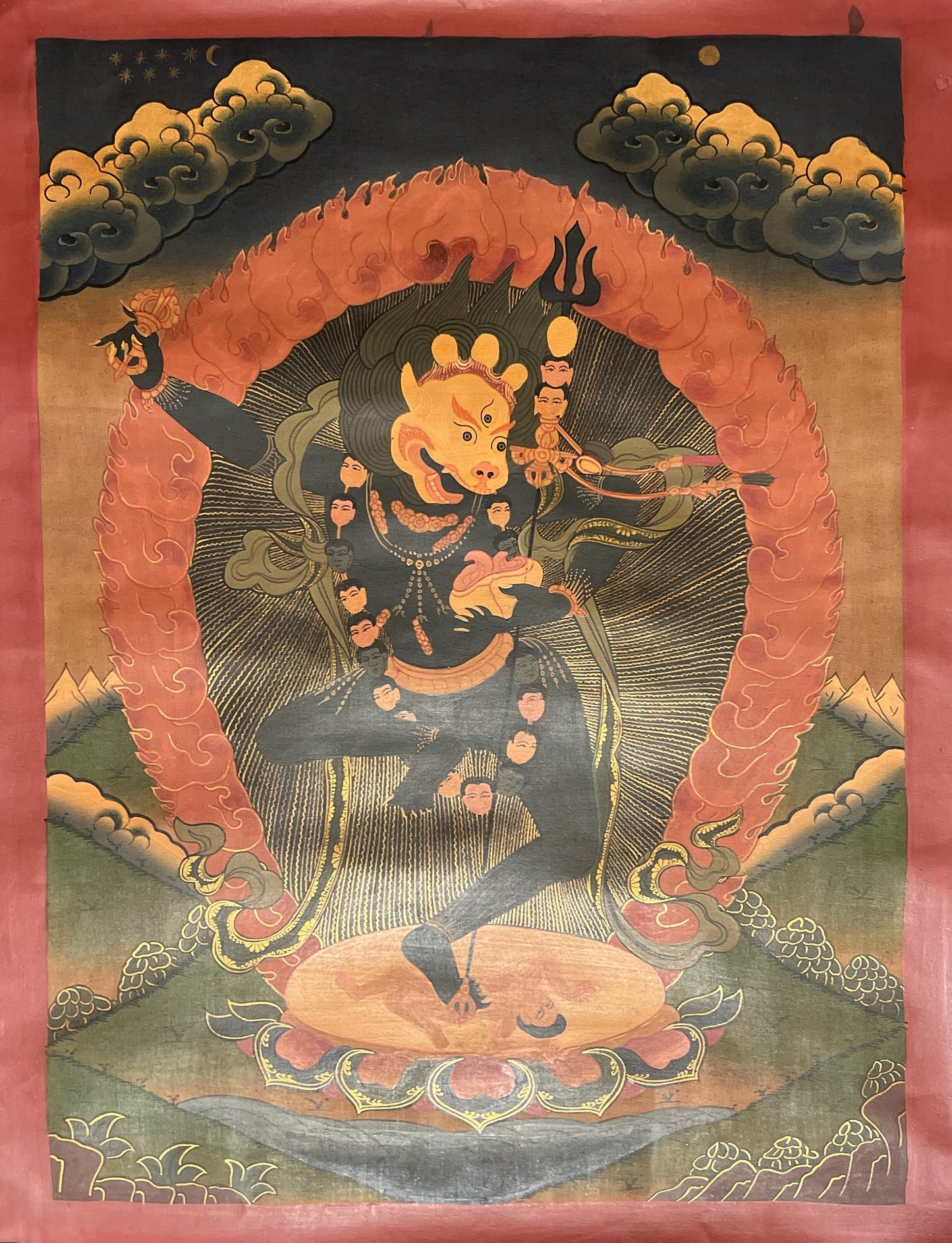 Original Hand Painted Lion Face Dakini / Simhamukhi Jogini / Yogini Tibetan Compassion Meditation OLD OIL-VARNISHED Thangka /Thanka Painting