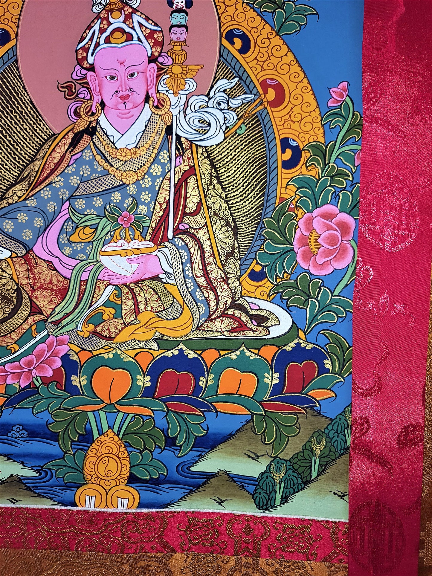 Original Hand Painted  Guru Rinpoche Padmasambhava Masterpiece Gold Tibetan Thangka / Thanka  Painting With High-Quality Silk Framed