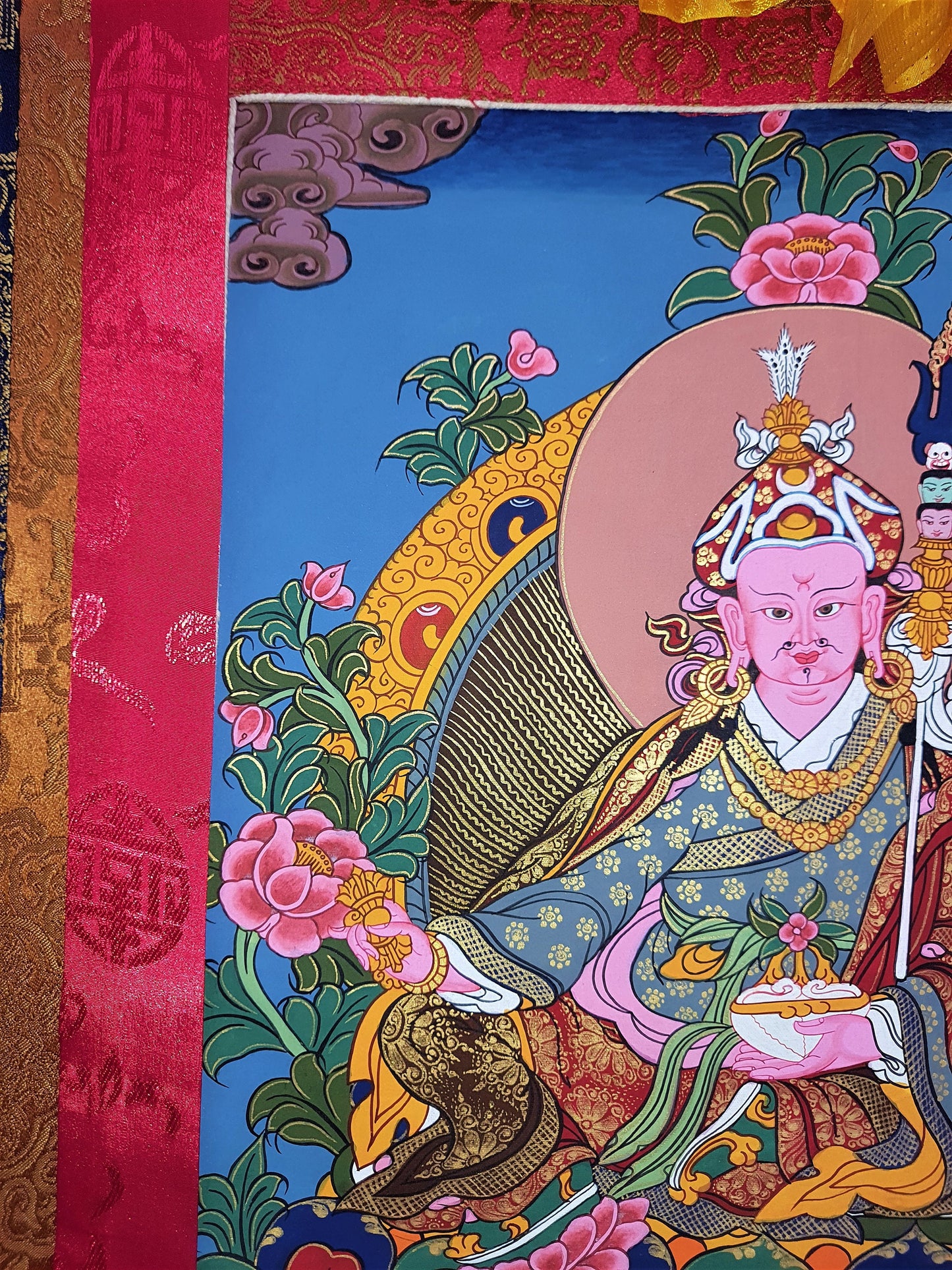 Original Hand Painted  Guru Rinpoche Padmasambhava Masterpiece Gold Tibetan Thangka / Thanka  Painting With High-Quality Silk Framed