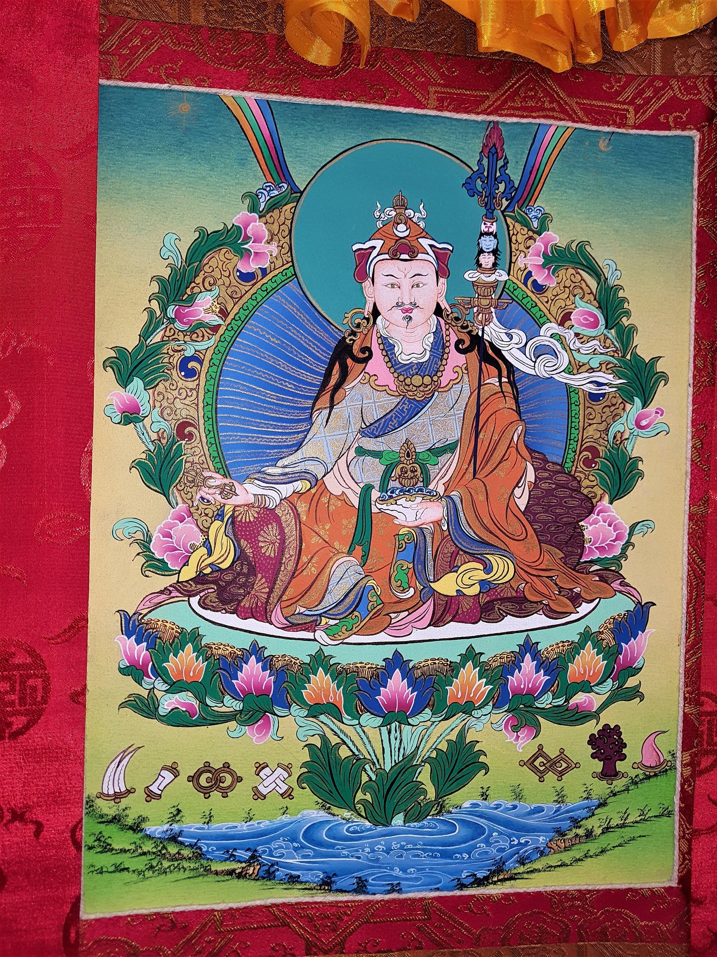 Original Hand-Painted Guru  Rinpoche Padmasambhava Masterpiece 24k Gold Tibetan Meditation Thangka Painting With High-Quality Silk Brocade