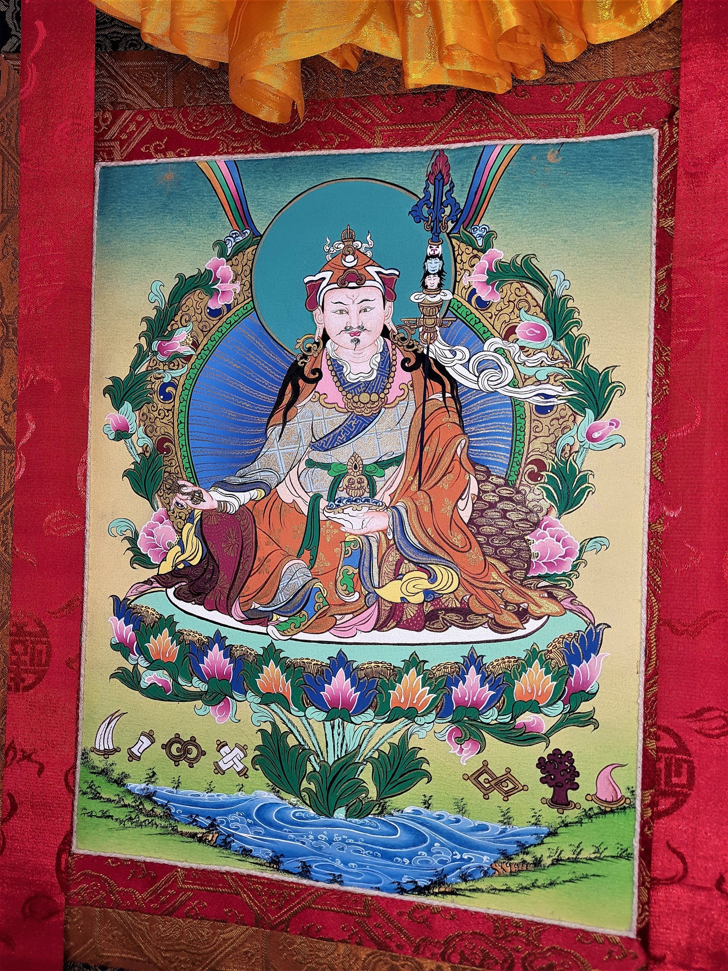 Original Hand-Painted Guru  Rinpoche Padmasambhava Masterpiece 24k Gold Tibetan Meditation Thangka Painting With High-Quality Silk Brocade