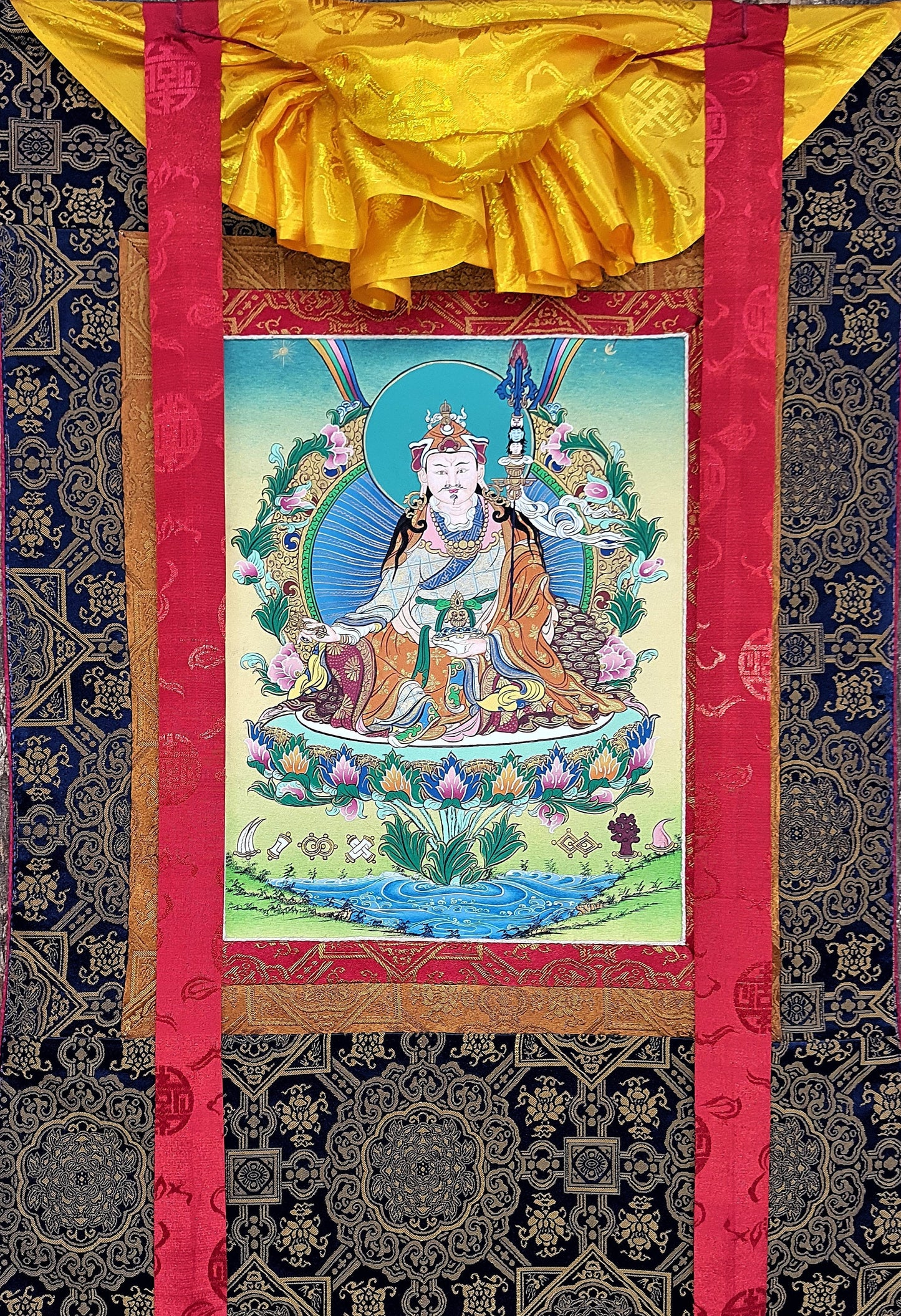 Original Hand-Painted Guru  Rinpoche Padmasambhava Masterpiece 24k Gold Tibetan Meditation Thangka Painting With High-Quality Silk Brocade