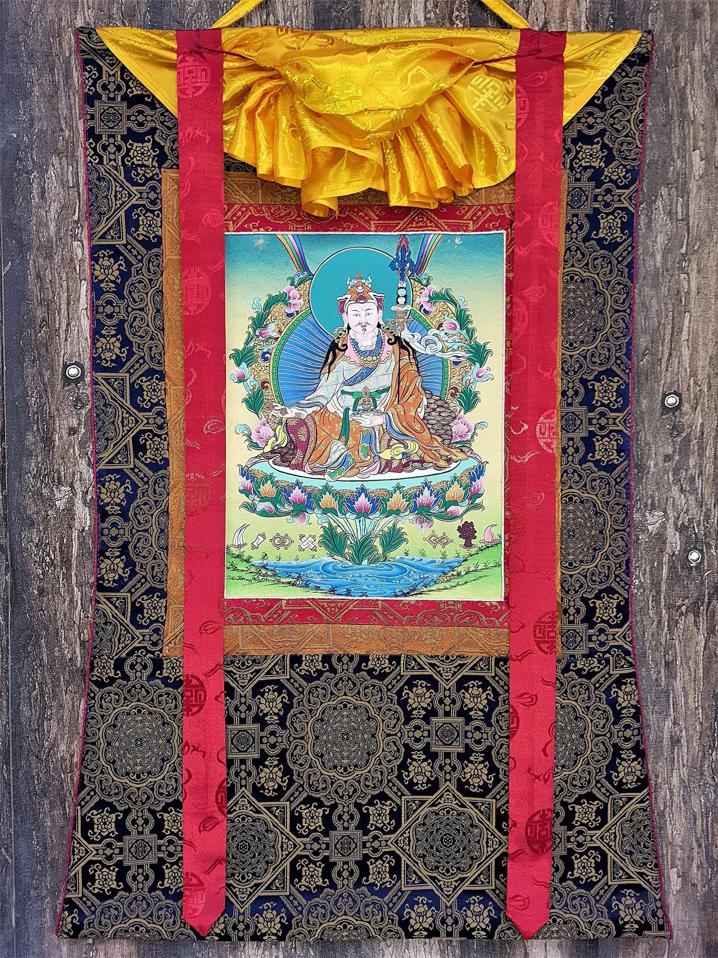 Original Hand-Painted Guru  Rinpoche Padmasambhava Masterpiece 24k Gold Tibetan Meditation Thangka Painting With High-Quality Silk Brocade