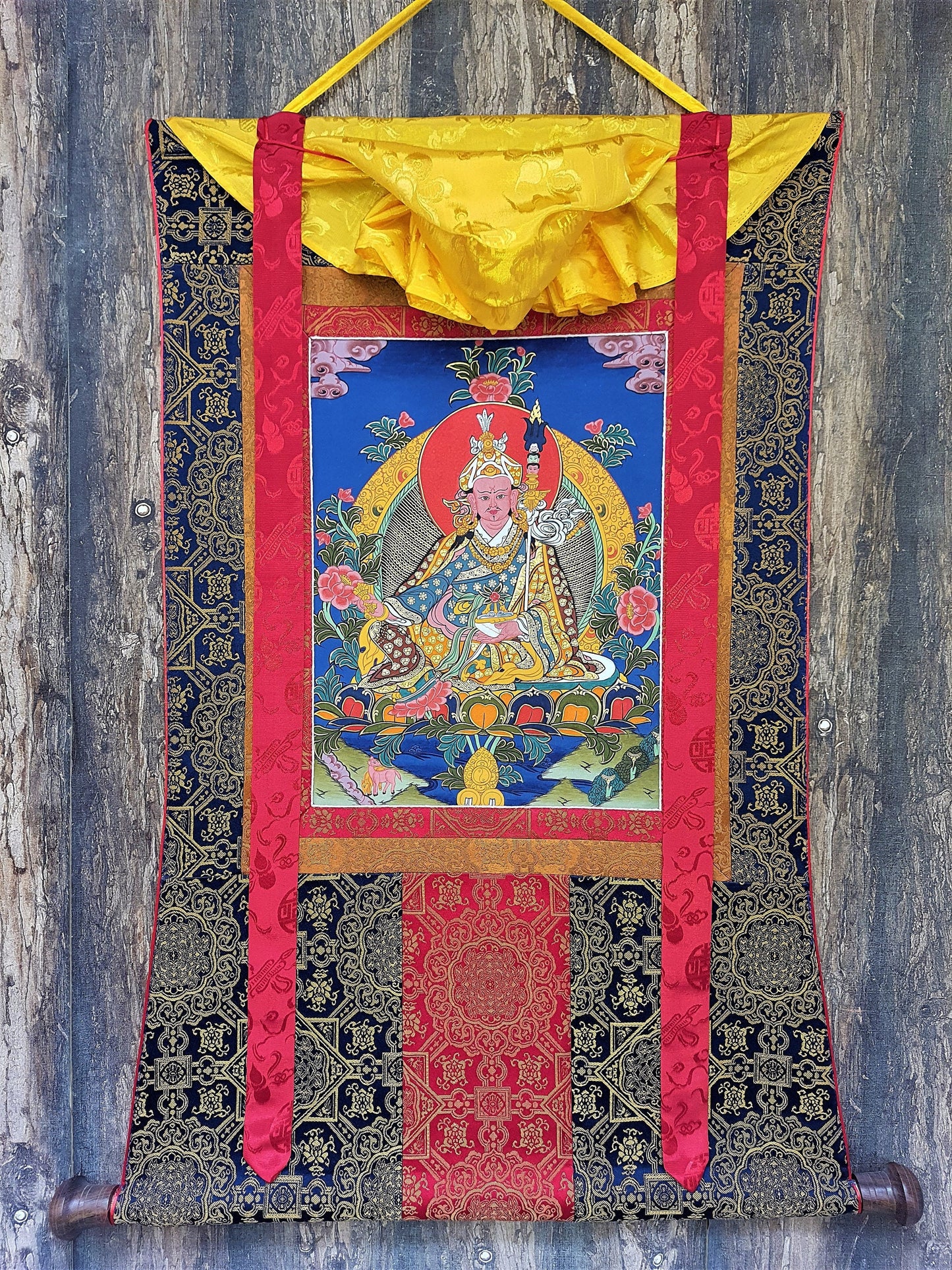 Original Hand Painted Guru Rinpoche Padmasambhava Masterpiece Gold Tibetan Thangka / Thanka  Painting With High-Quality Silk Brocade