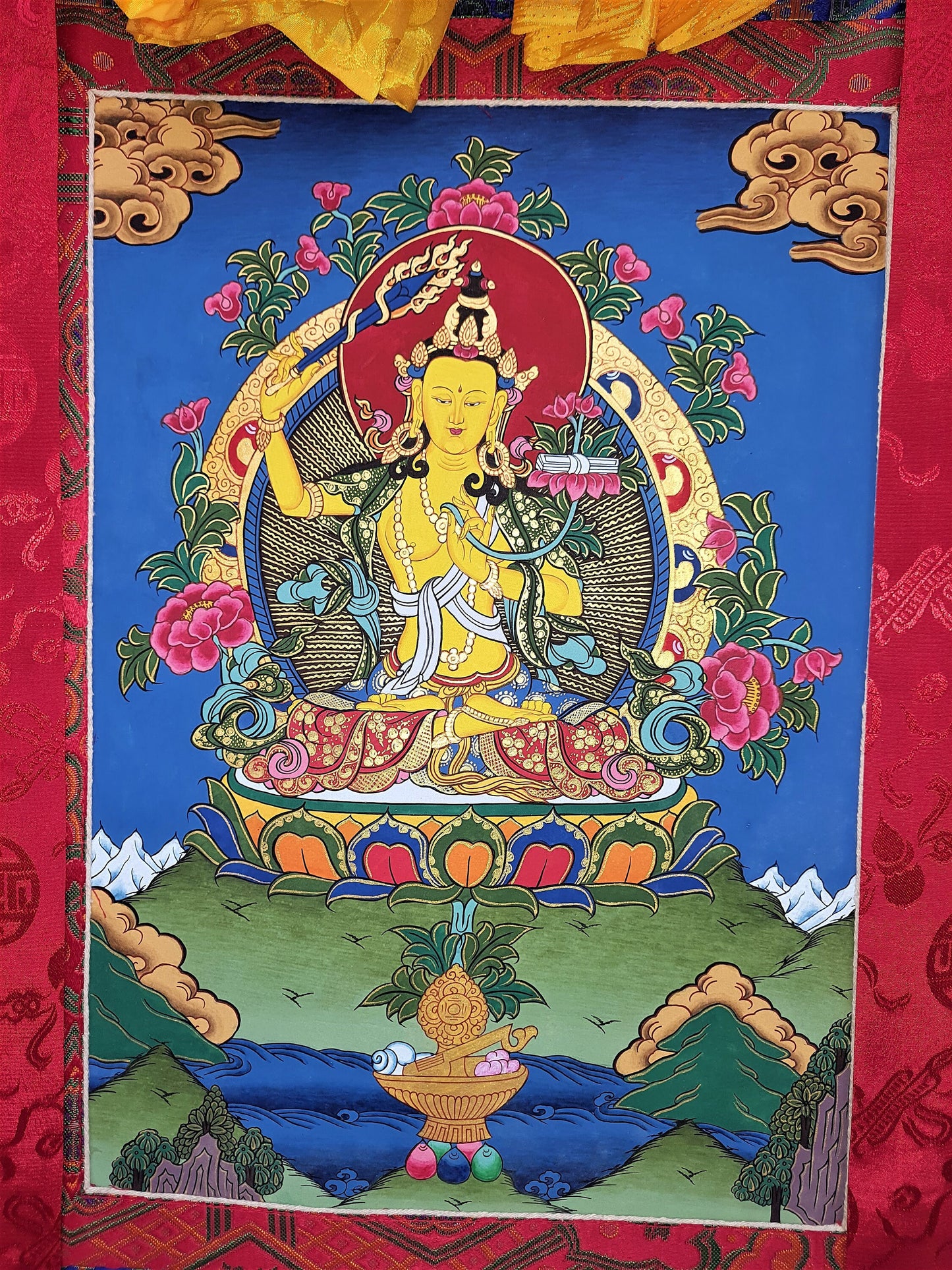 Original Hand-painted Master Quality Manjushri/ Manjushree God of Divine Wisdom Tibetan Thangka Painting with High-Quality Silk Brocade