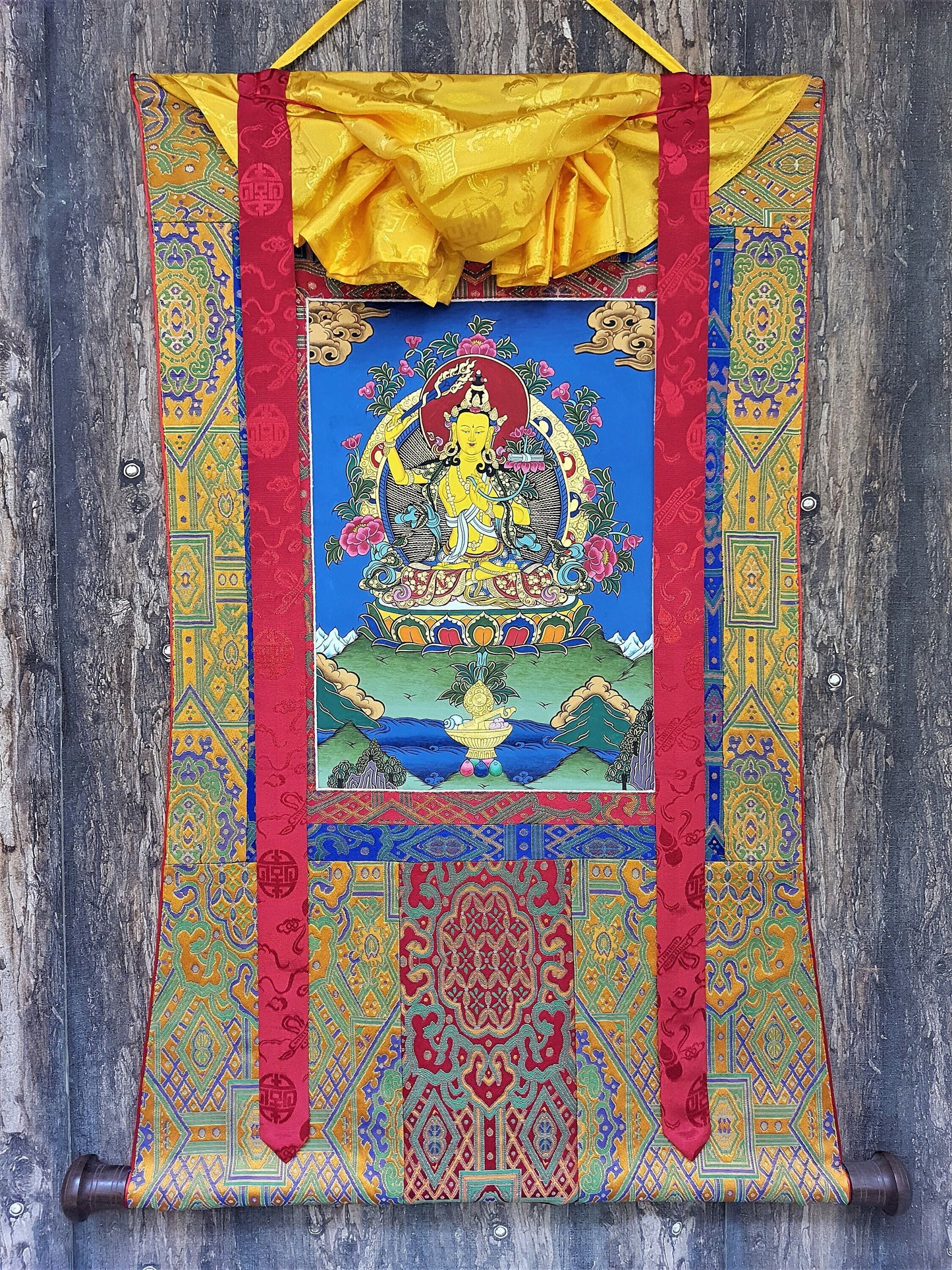 Original Hand-painted Master Quality Manjushri/ Manjushree God of Divine Wisdom Tibetan Thangka Painting with High-Quality Silk Brocade