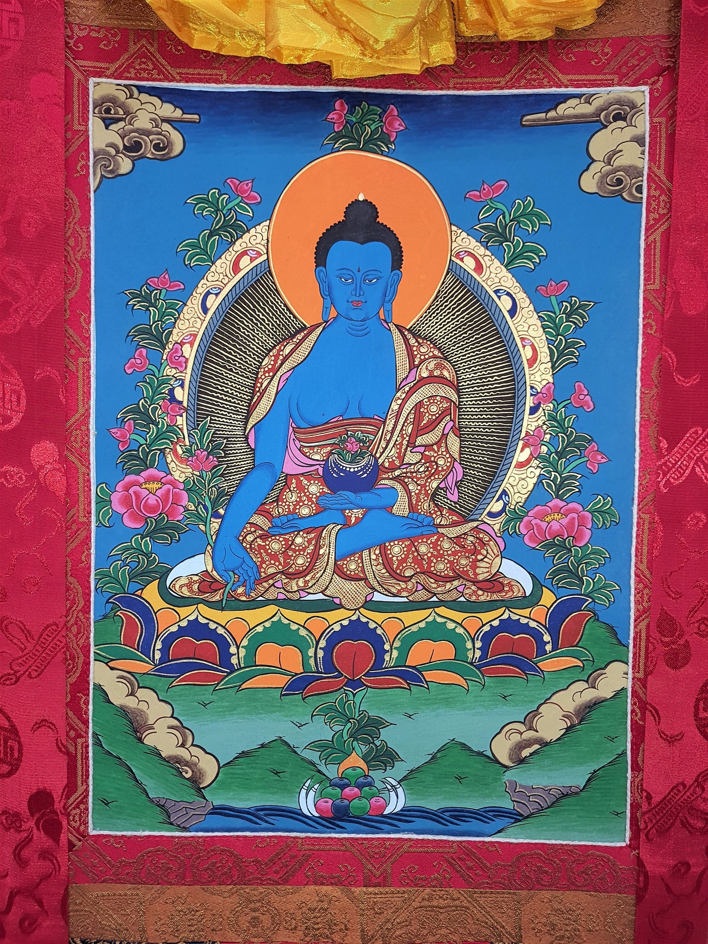 Hand-Painted Original Medicine Buddha / Bhaisajyaguru High-Quality Tibetan Thangka / Thanka Painting With Premium Silk Border