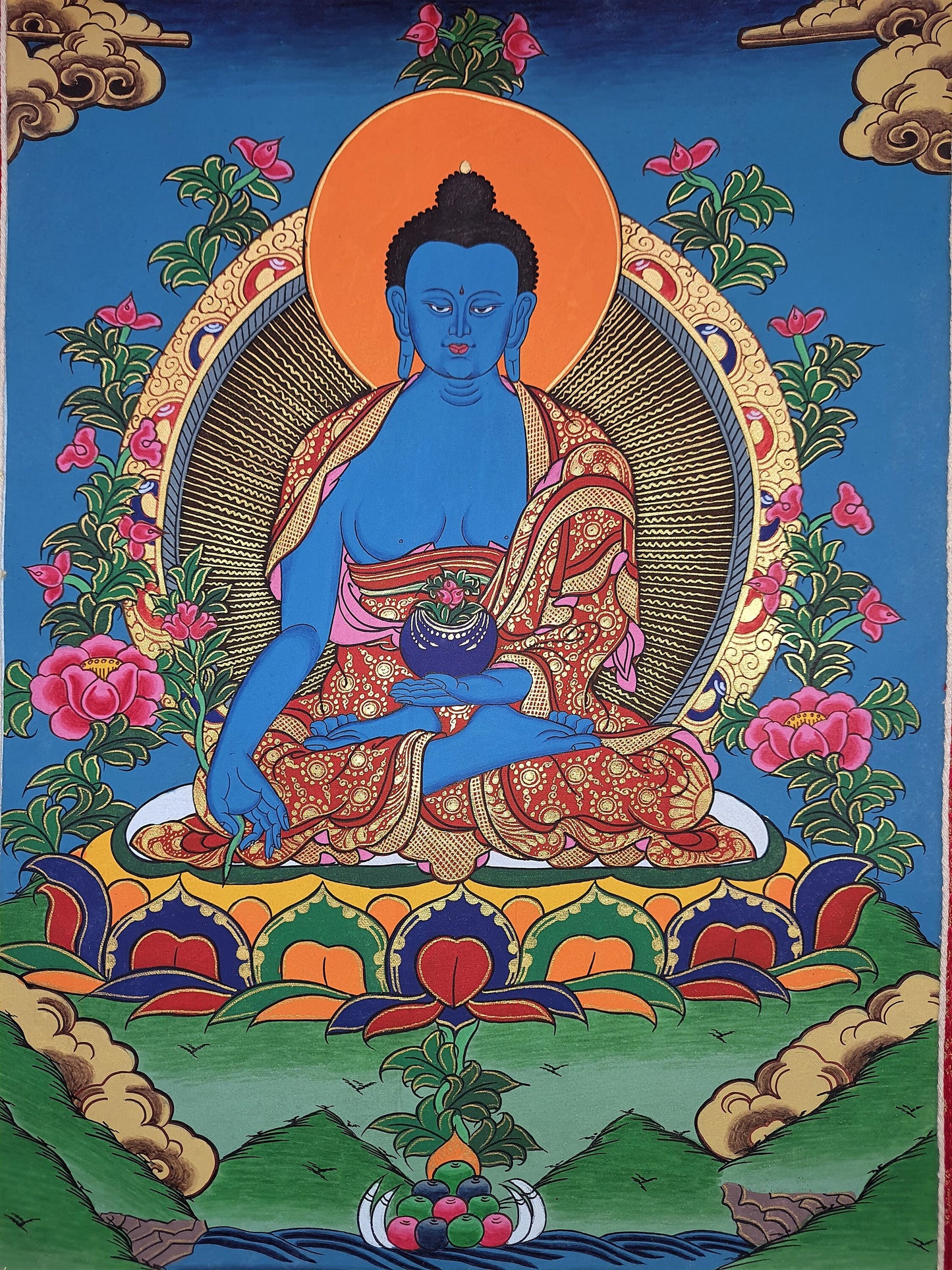 Hand-Painted Original Medicine Buddha / Bhaisajyaguru High-Quality Tibetan Thangka / Thanka Painting With Premium Silk Border