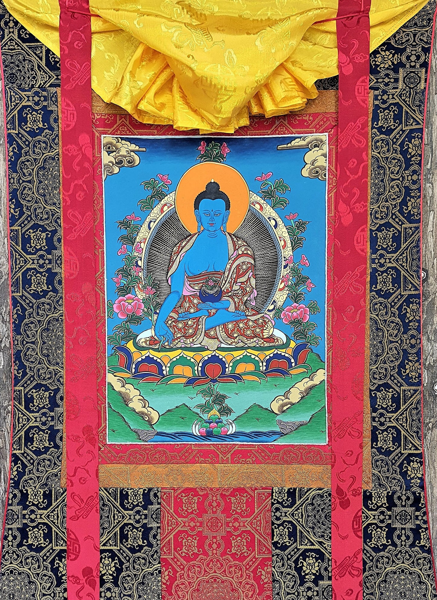 Hand-Painted Original Medicine Buddha / Bhaisajyaguru High-Quality Tibetan Thangka / Thanka Painting With Premium Silk Border