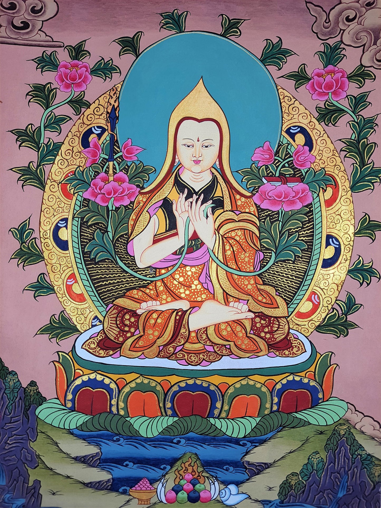 Original Hand-Painted Tsongkhapa/ Chongapa Masterpiece Tibetan Compassion / Meditation Thangka  Thanka Painting With High-Quality Silk Frame