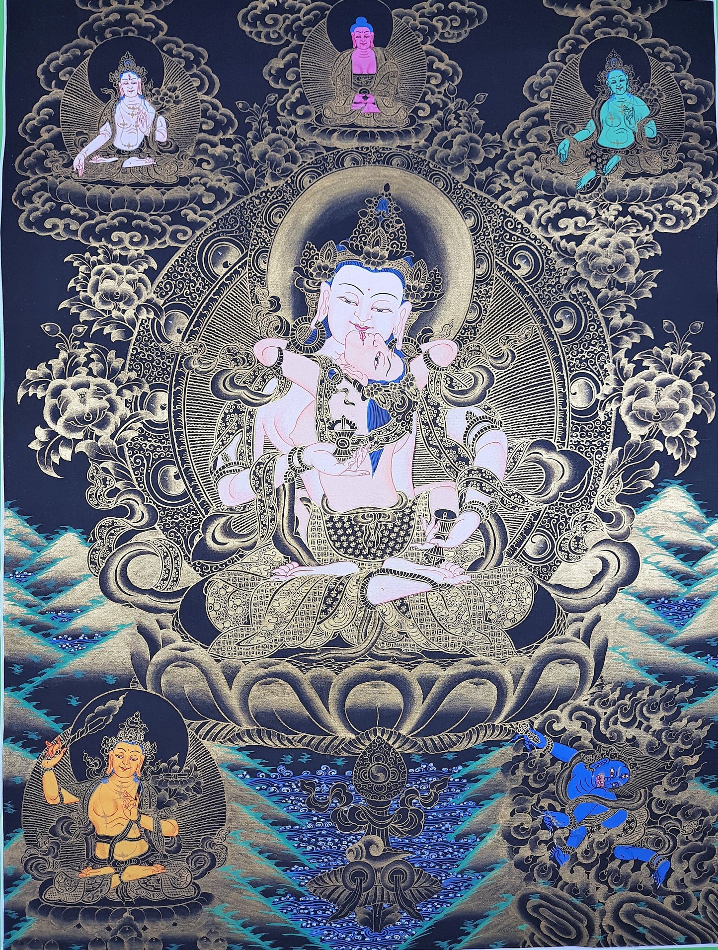 Original Hand-Painted Vajrasattva Shakti/Dorje Sempa Masterpiece Tibetan Meditation Thangka/ Thanka Painting/Wall Hanging from Nepal