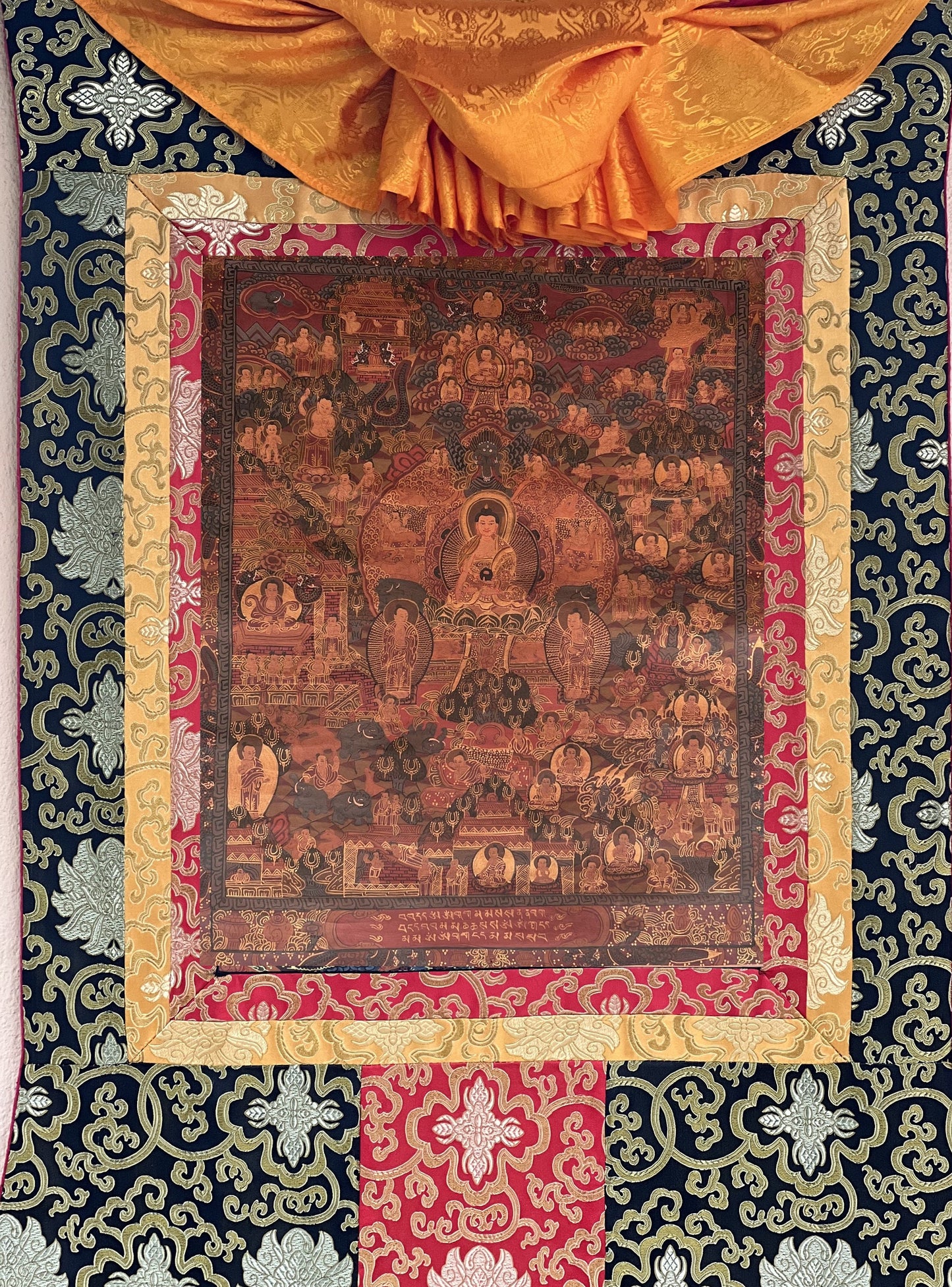 Hand-painted Buddha Life Mandala  Bhavacakra Original  Oil Varnished Tibetan Thangka Painting Wall Décor with Traditional Silk Border