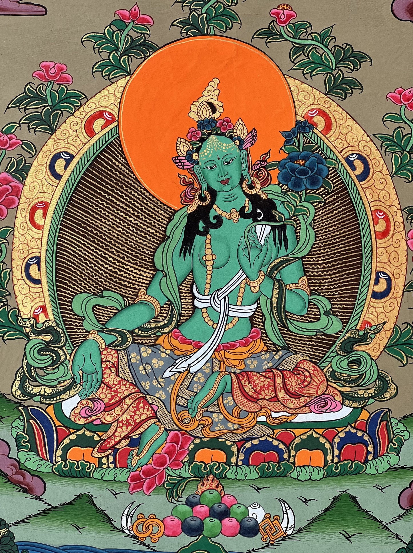 Original Hand-painted Green Tara Goddess Shyamatara Tibetan Thangka Painting with High-Quality Silk Brocade