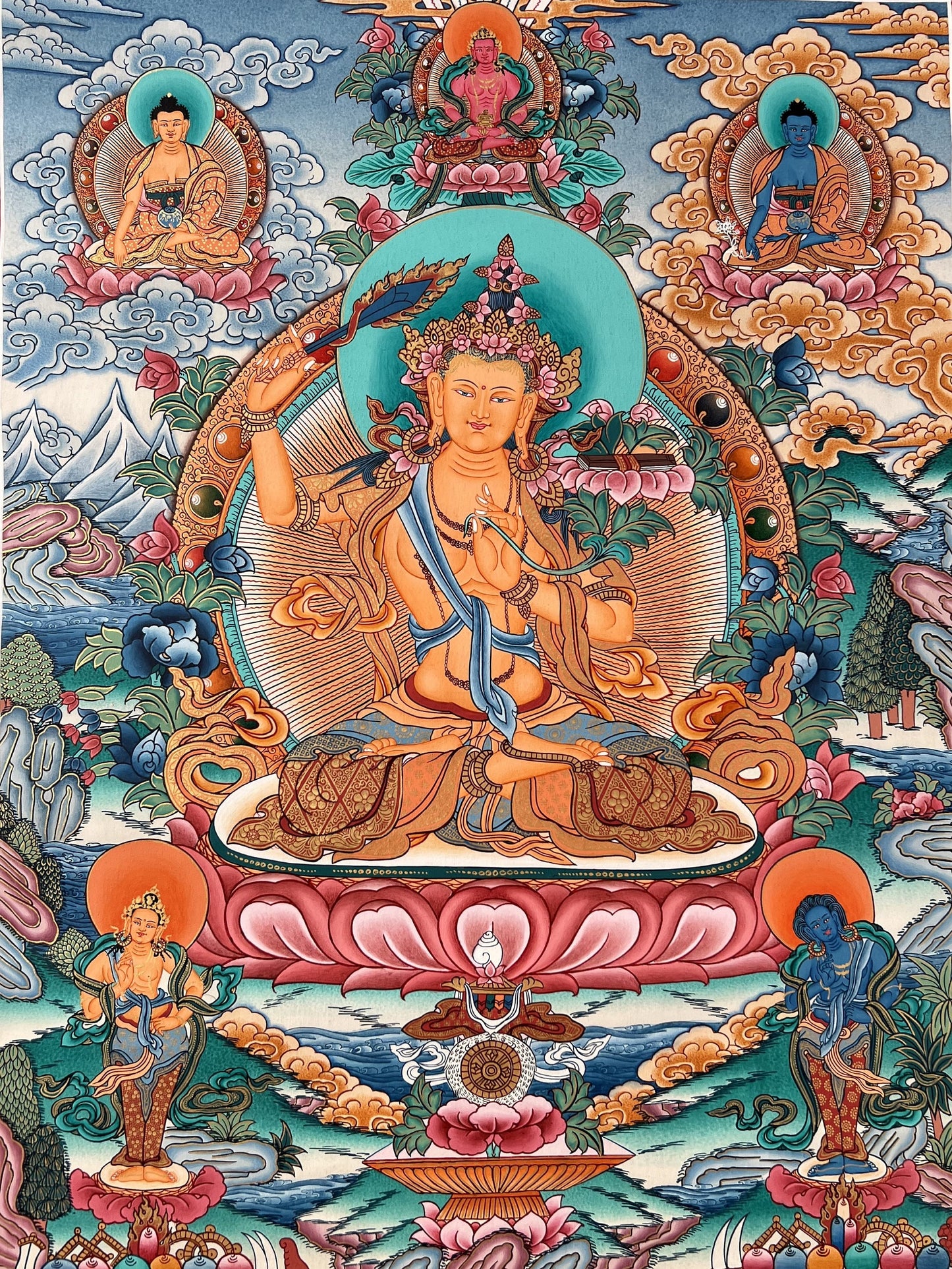 Original Hand-Painted Manjushri/Manjusri/ Jampelyang/ Wisdom Bodhisattva 24 K Gold Masterpiece Tibetan Thangka Painting/Meditation Art