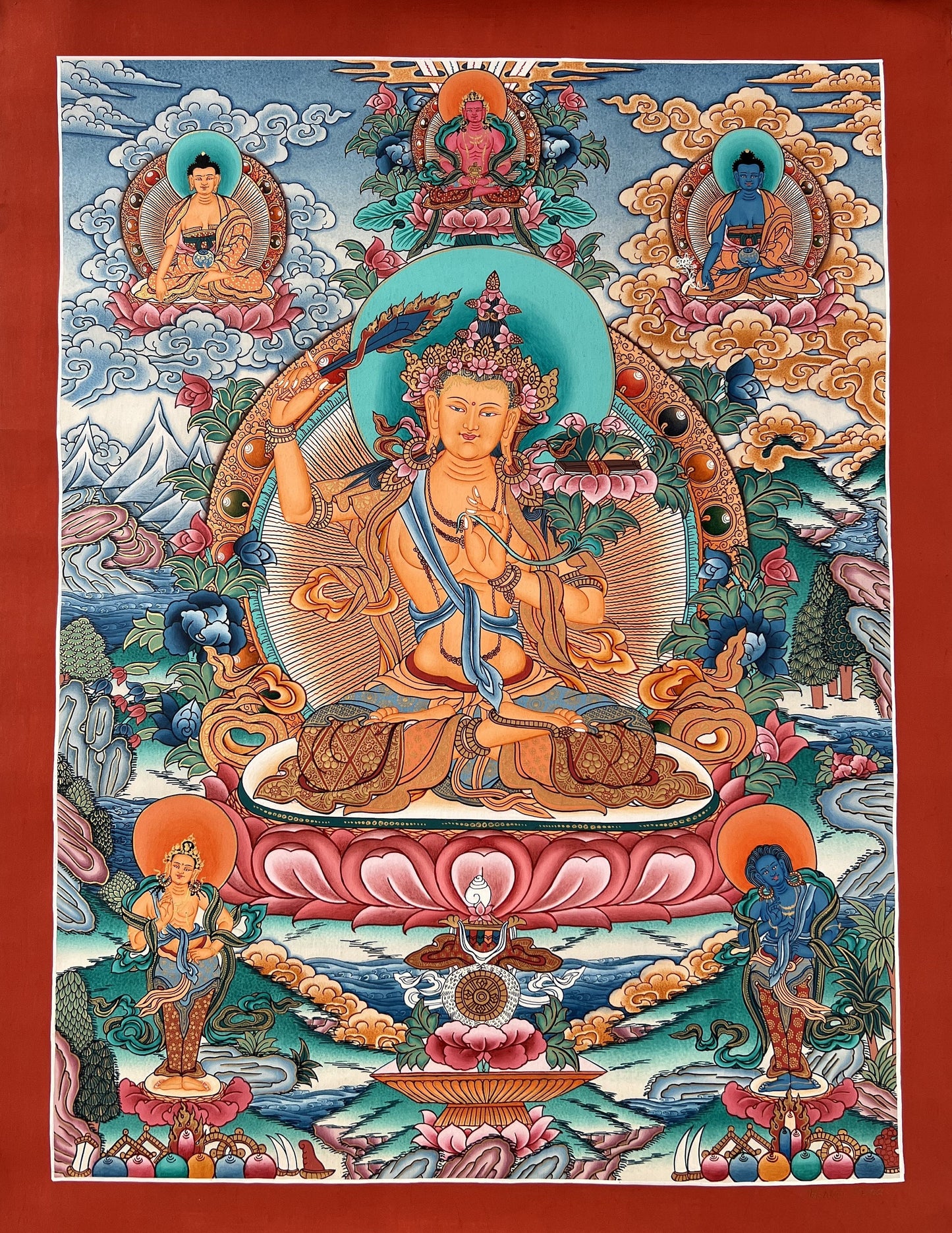 Original Hand-Painted Manjushri/Manjusri/ Jampelyang/ Wisdom Bodhisattva 24 K Gold Masterpiece Tibetan Thangka Painting/Meditation Art