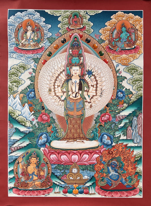 Original Hand Painted SAHASRABHUJA 1000 ARMED AVALOKITESHVARA /Chenrezig/ Masterpiece 24 K Gold Tibetan Meditation Thangka /Thanka Painting